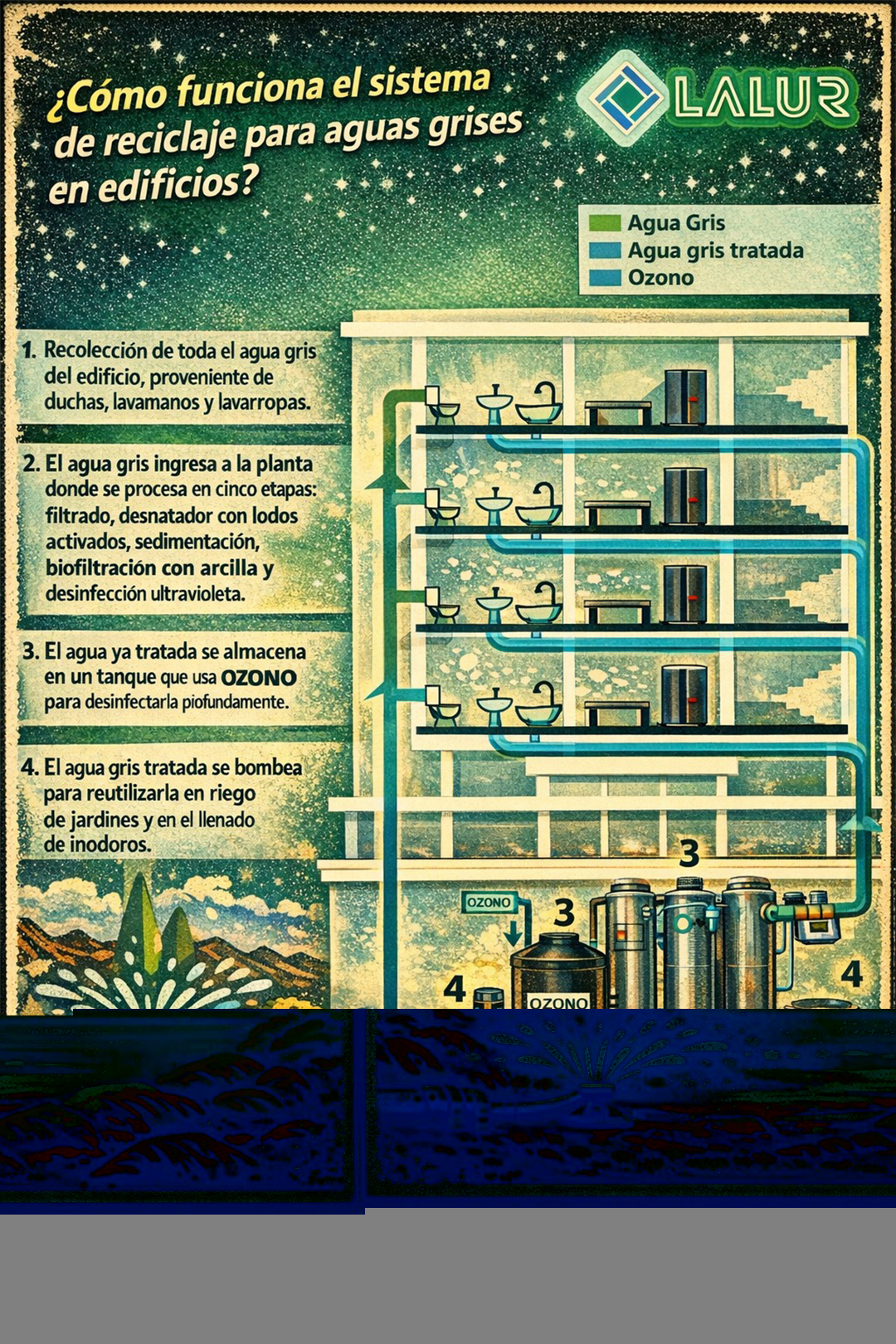 Esquema de sistema de reciclaje de aguas grises en un complejo departamental