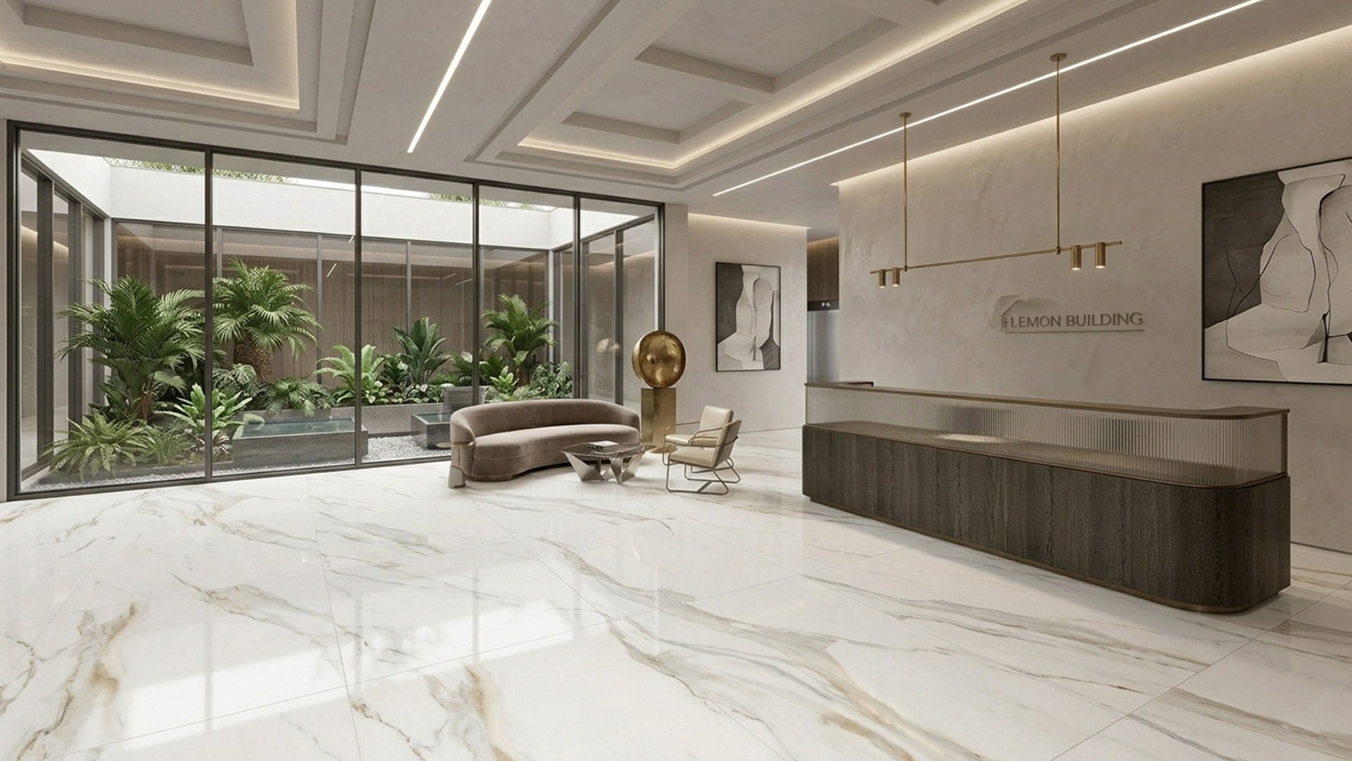 Piso gran formato en recibidor lujoso de cadena constructora Recibidor de cadena constructora con piso de porcelanato gran formato