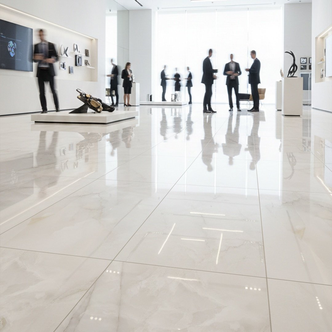 Sala de juntas con piso de porcelanato gran formato brillante