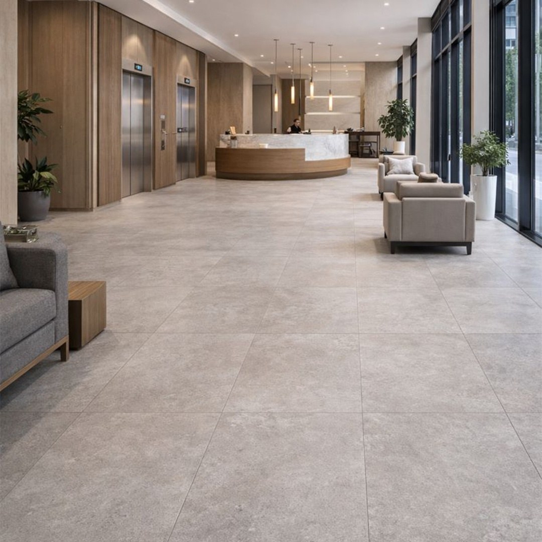 Sala de estar con piso de porcelanato gran formato mate