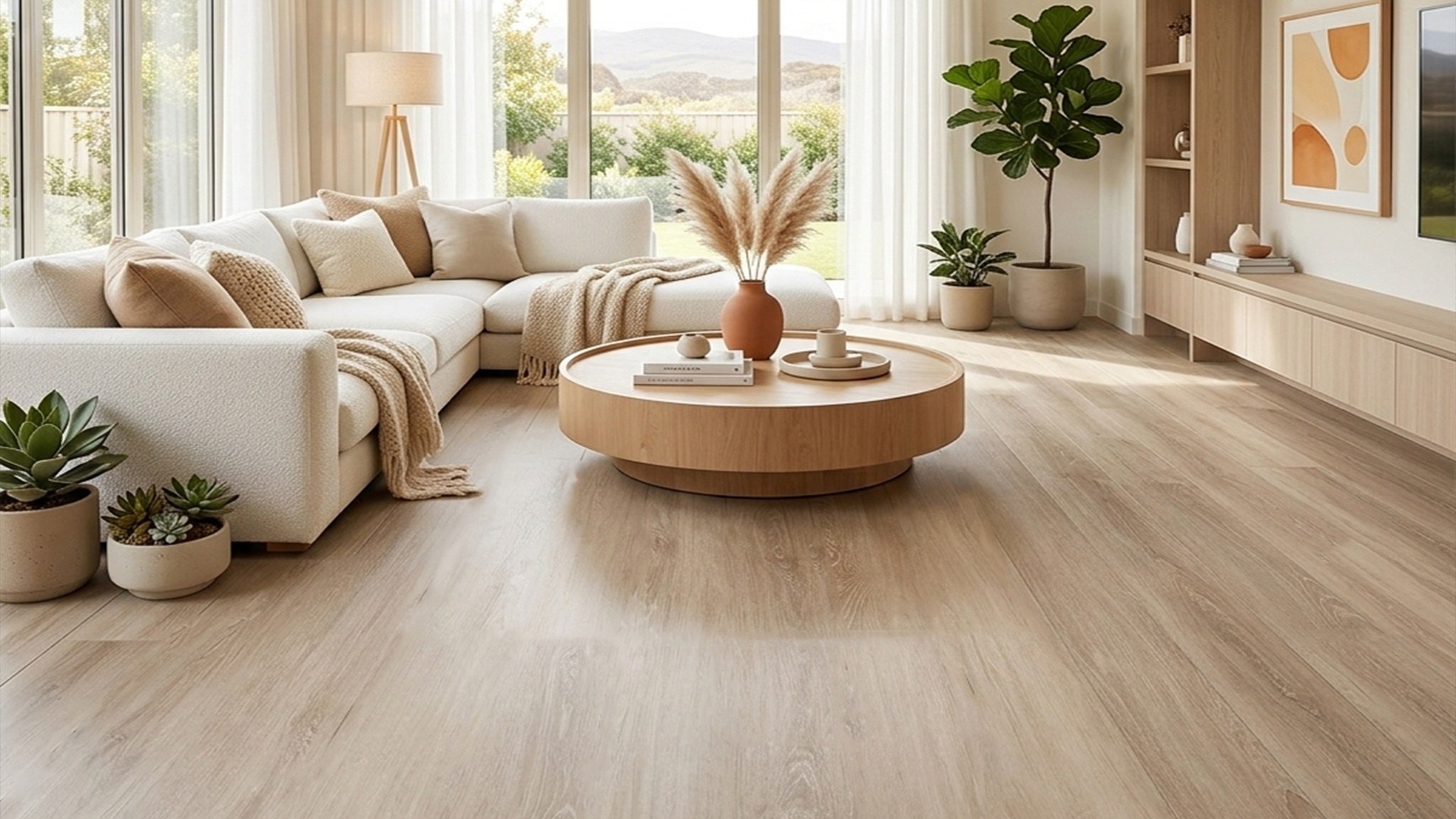 Piso vinílico Norway LVT instalado en sala japandi Sala estilo japandi con piso vinílico LVT Norway