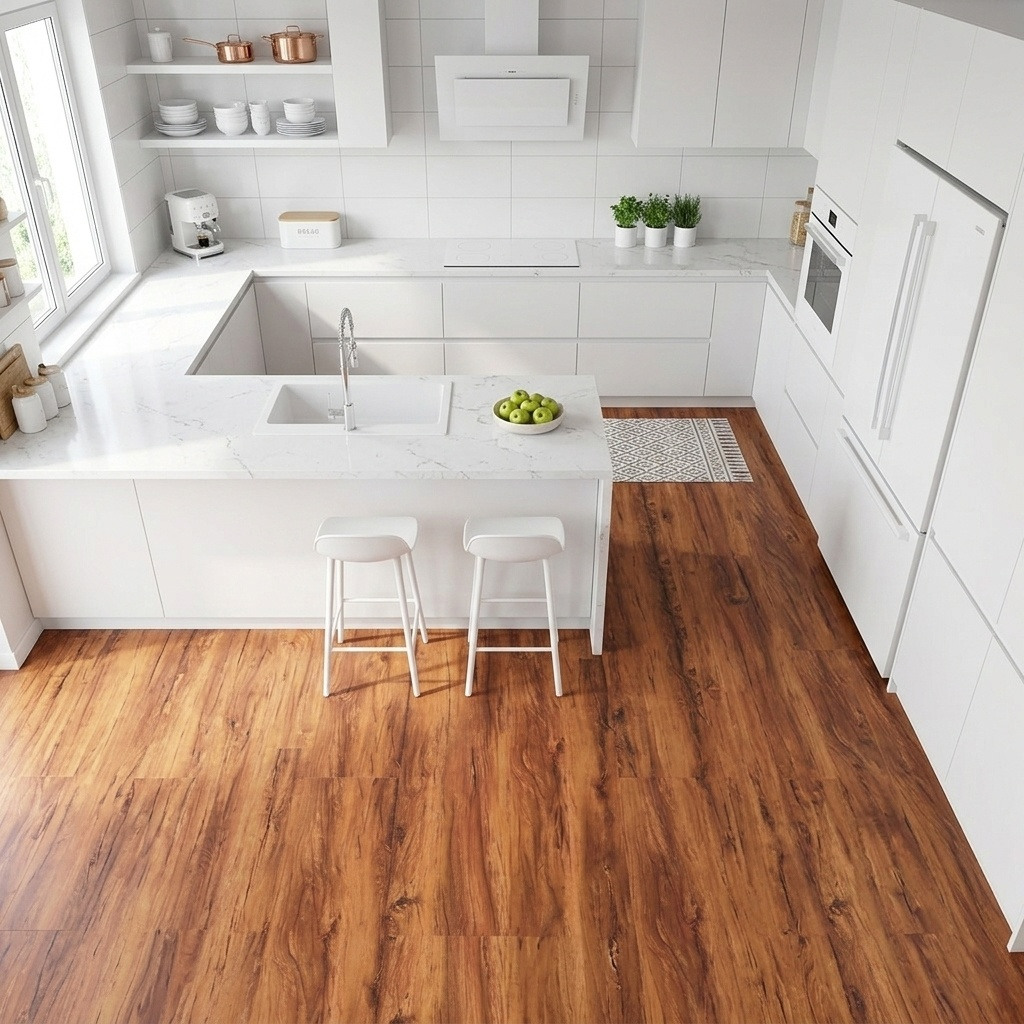 Cocina minimalista con piso vinílico LVT Apple