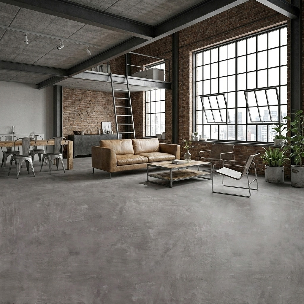 Departamento industrial con piso vinílico LVT Cemento