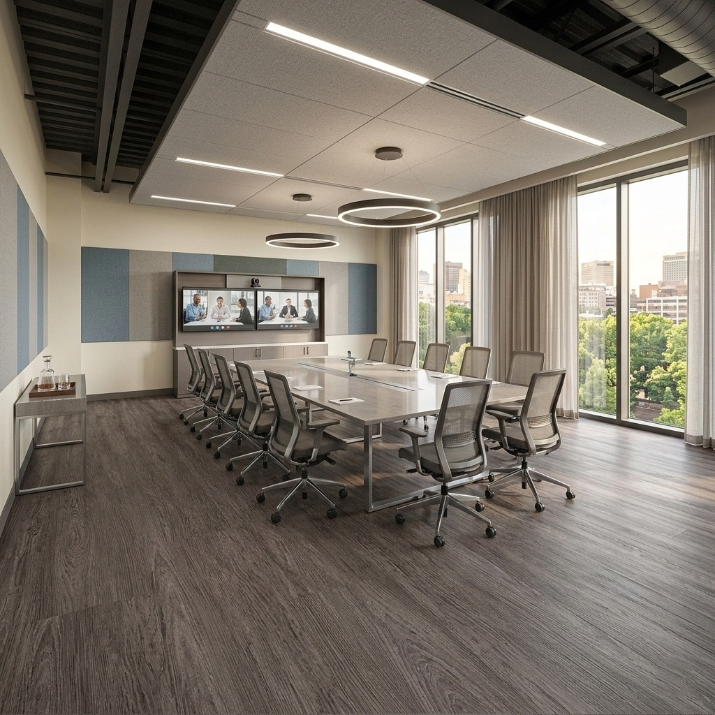 Sala de juntas moderna con piso vinílico gris