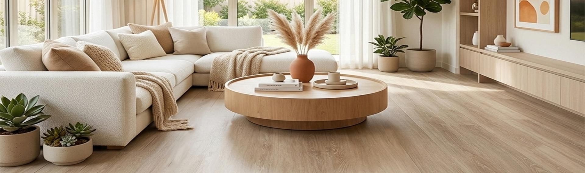 Sala estilo japandi con piso vinílico LVT Norway