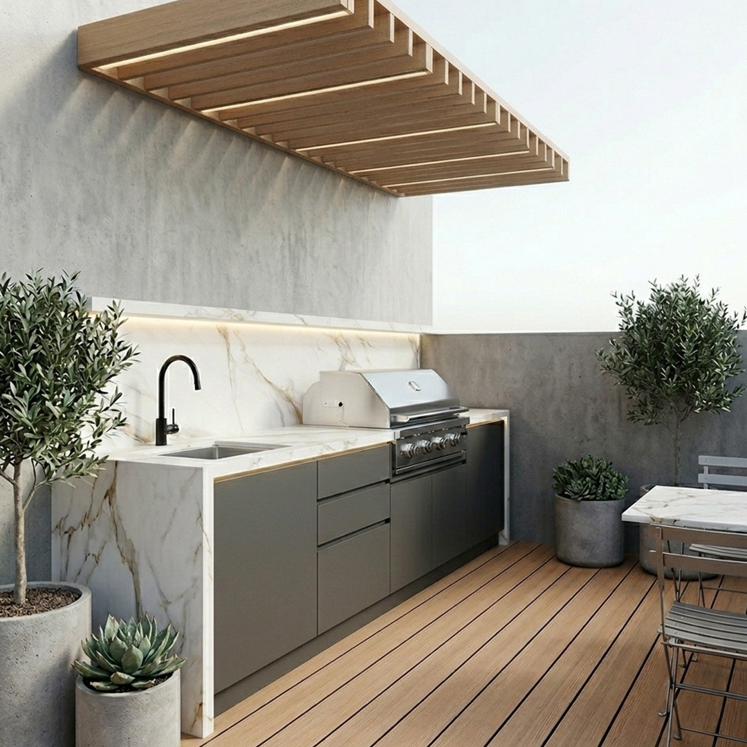 Cocina exterior minimalista con deck WPC