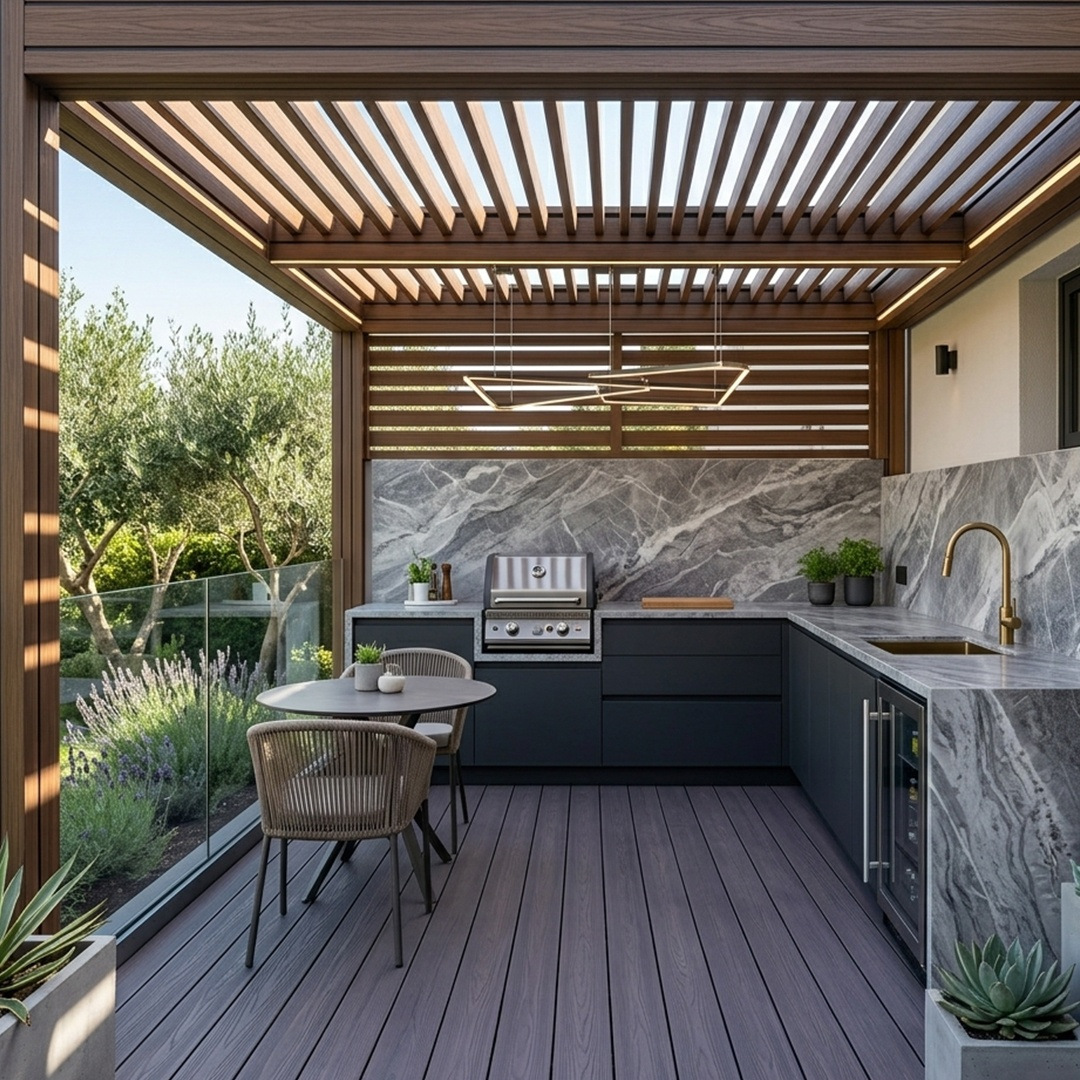 Cocina moderna al aire libre con piso de rubber deck