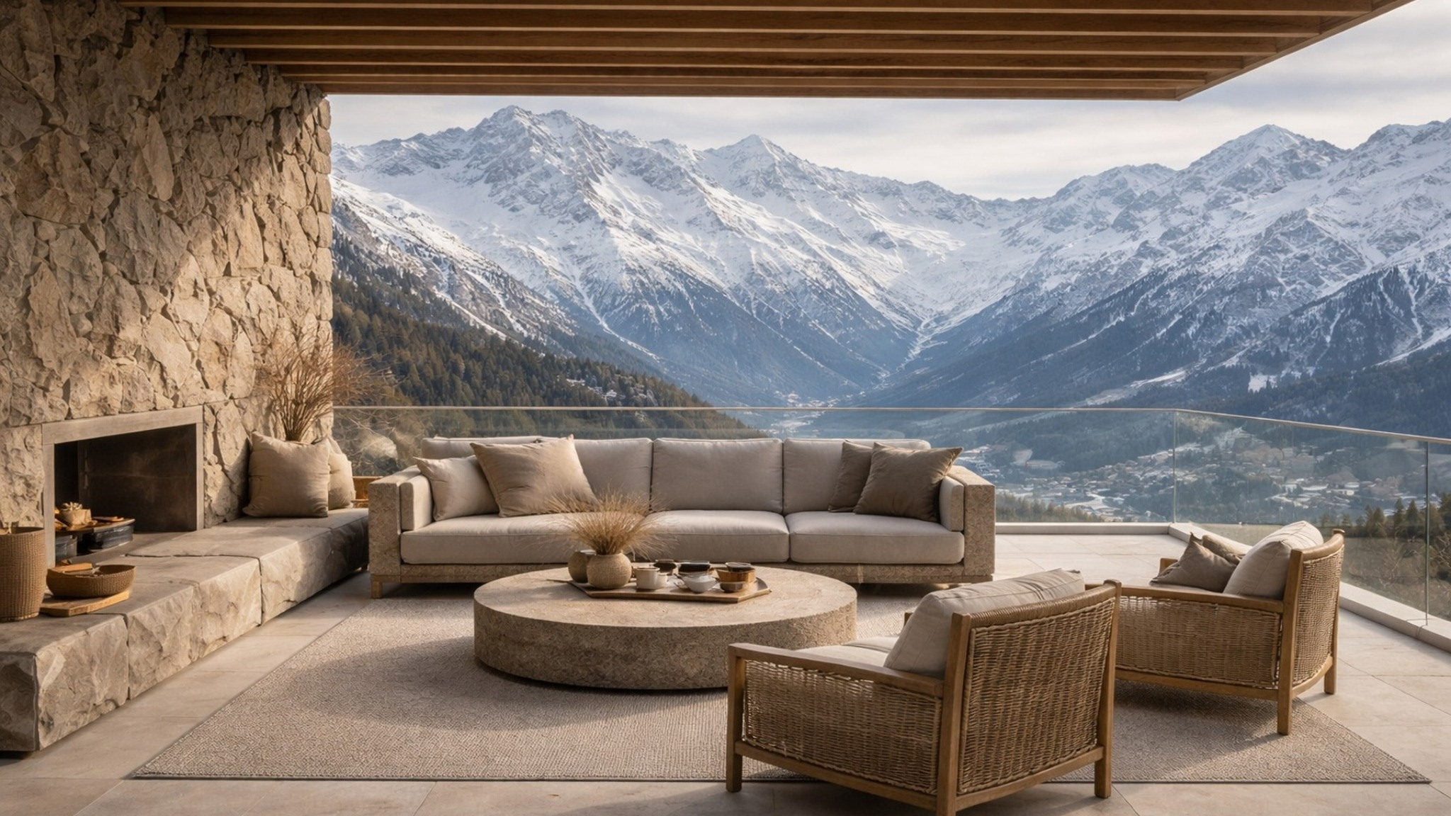 Terraza contemplativa con vista a la montaña