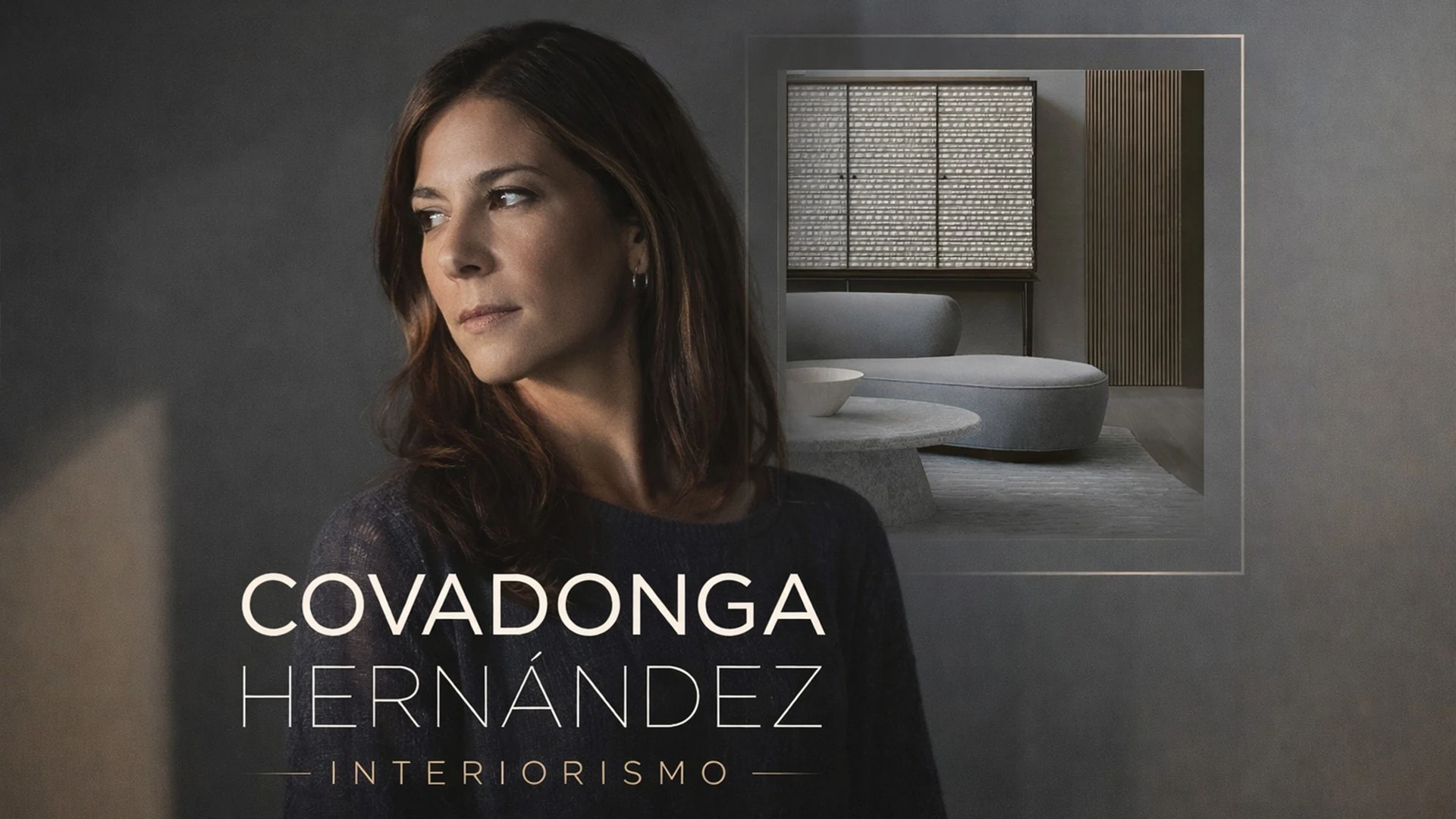 Covadonga Hernández con portada de sus libro Interiorismo como fondo