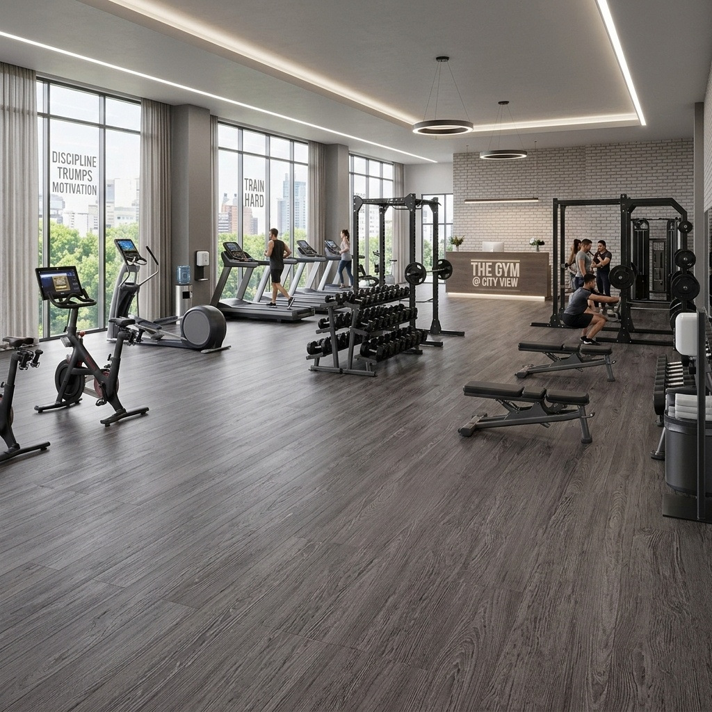 Gimnasio con piso vinílico LVT gris medio