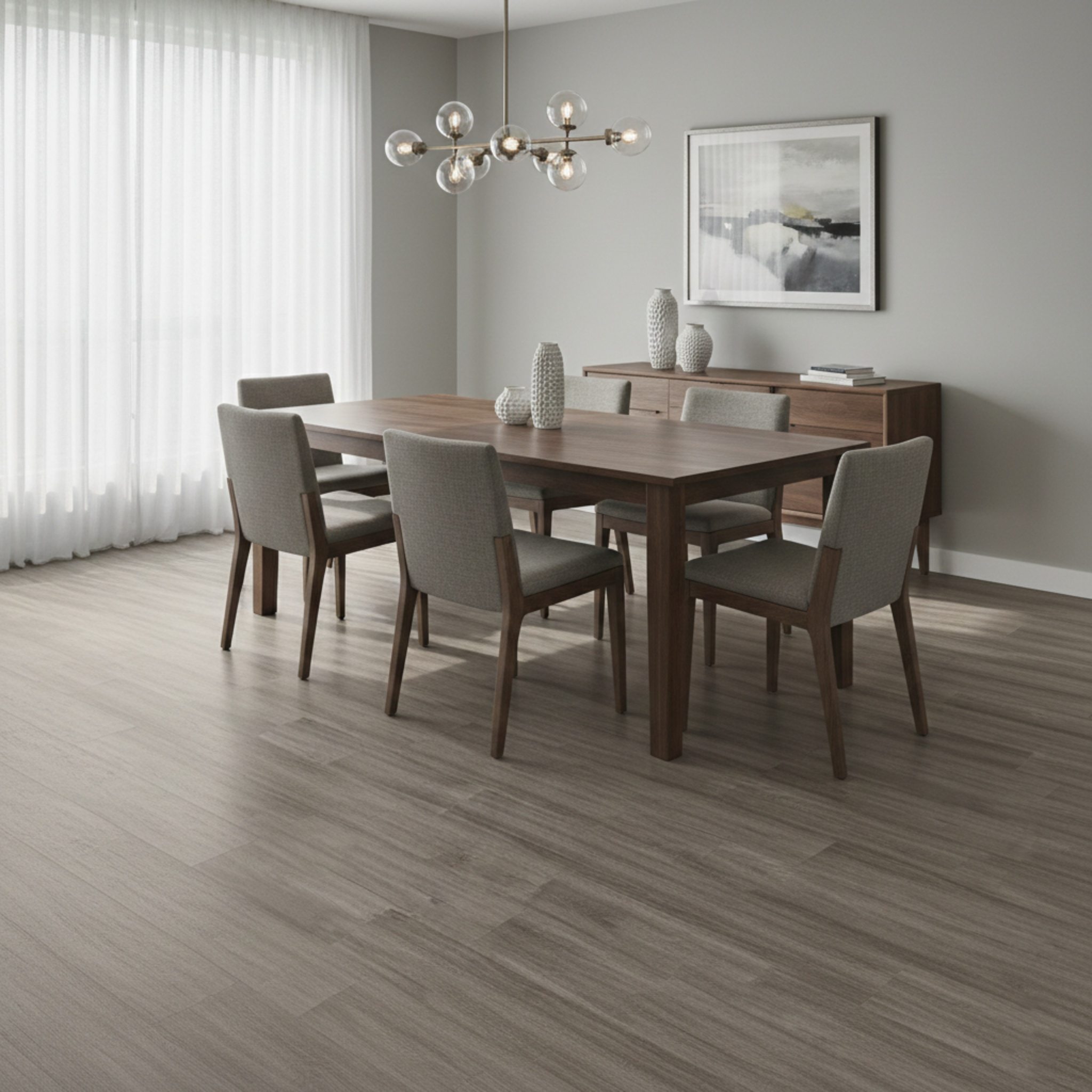Sala moderna con piso LVT tipo madera gris