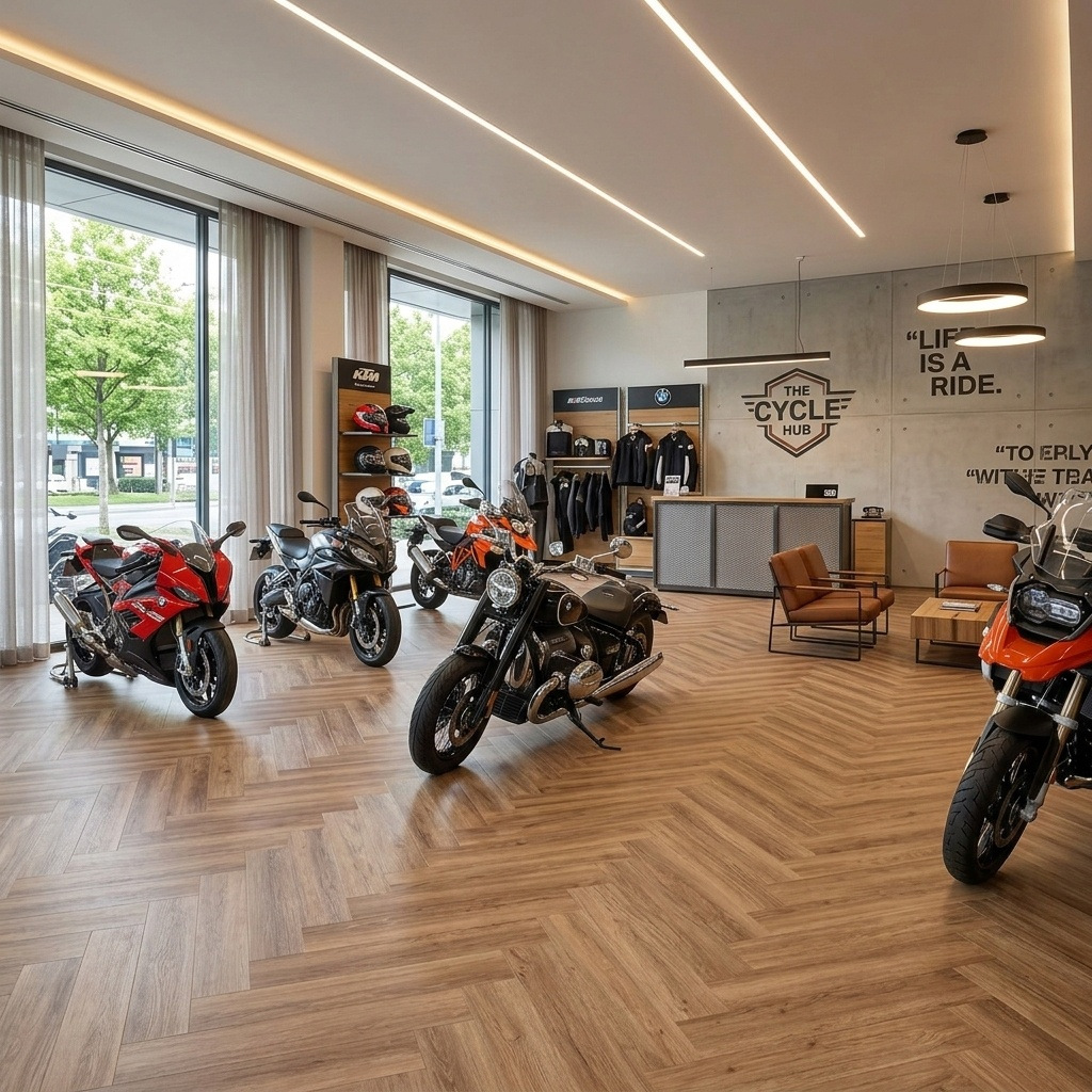 Agencia de motocicletas con piso vinílico LVT tipo madera