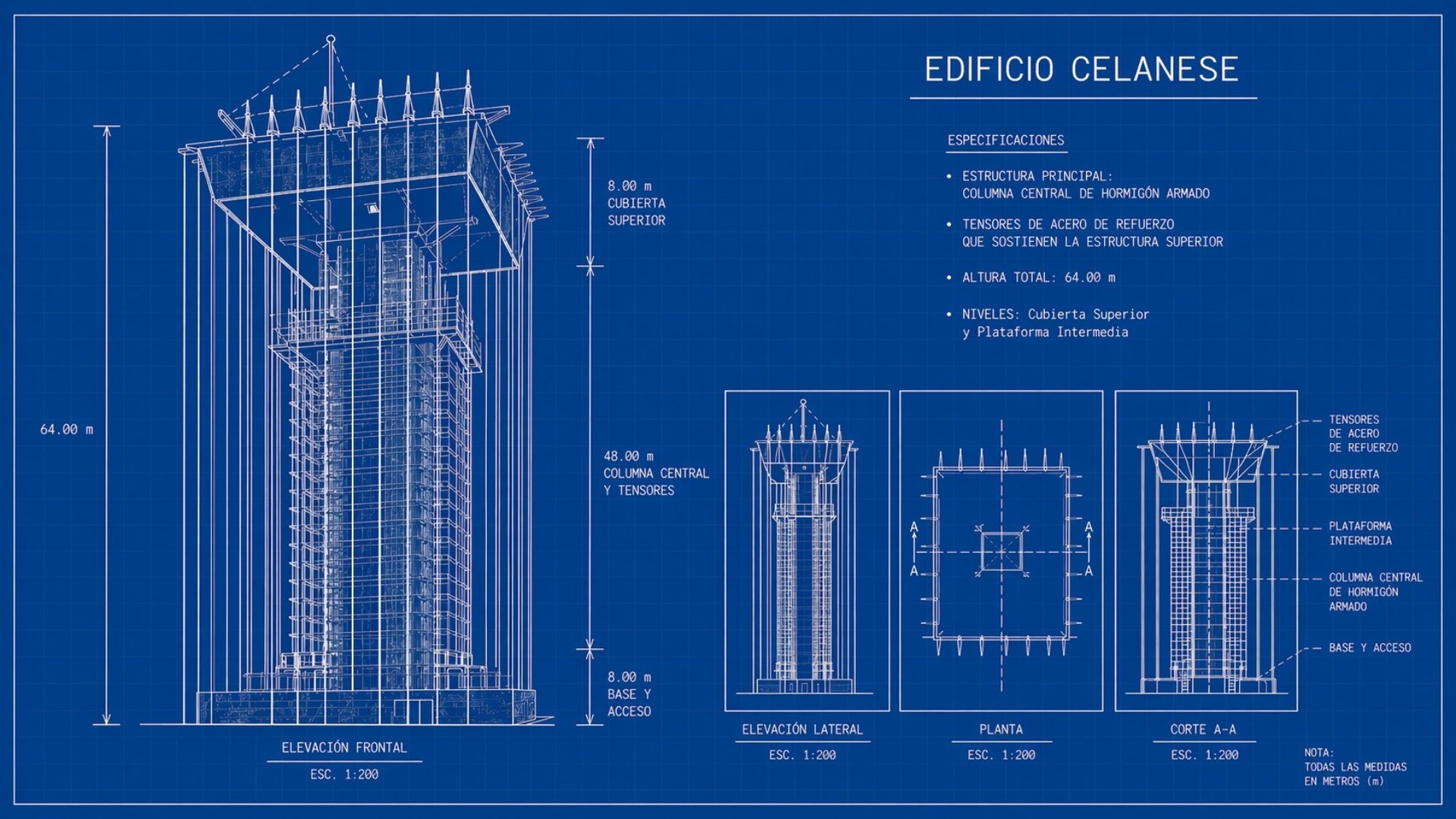 Fachada del Edificio Celanese mostrando estructura suspendida y núcleo central en arquitectura moderna mexicana