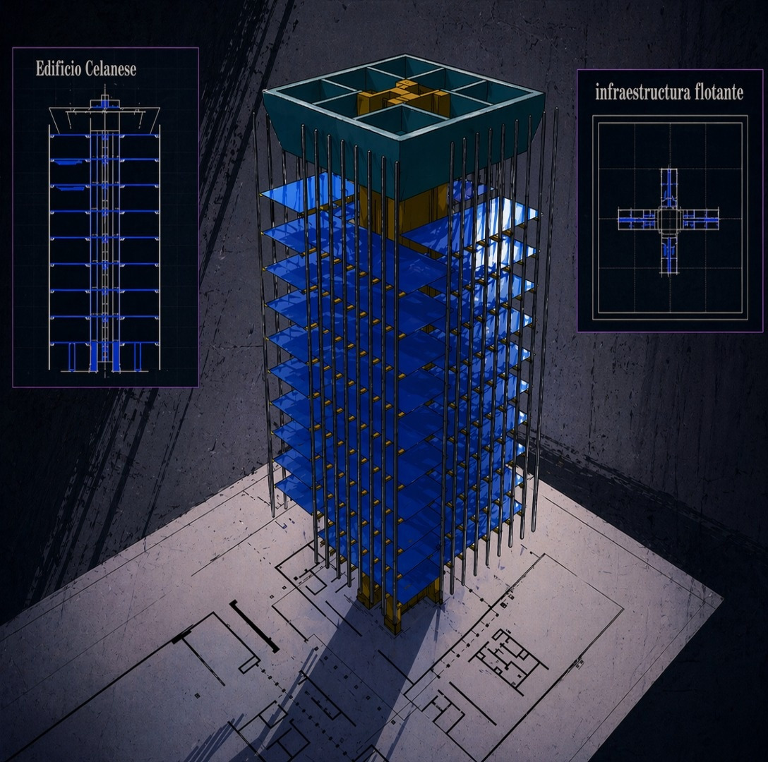 Diagrama estructural del Edificio Celanese con columna central de concreto armado y tensores laterales