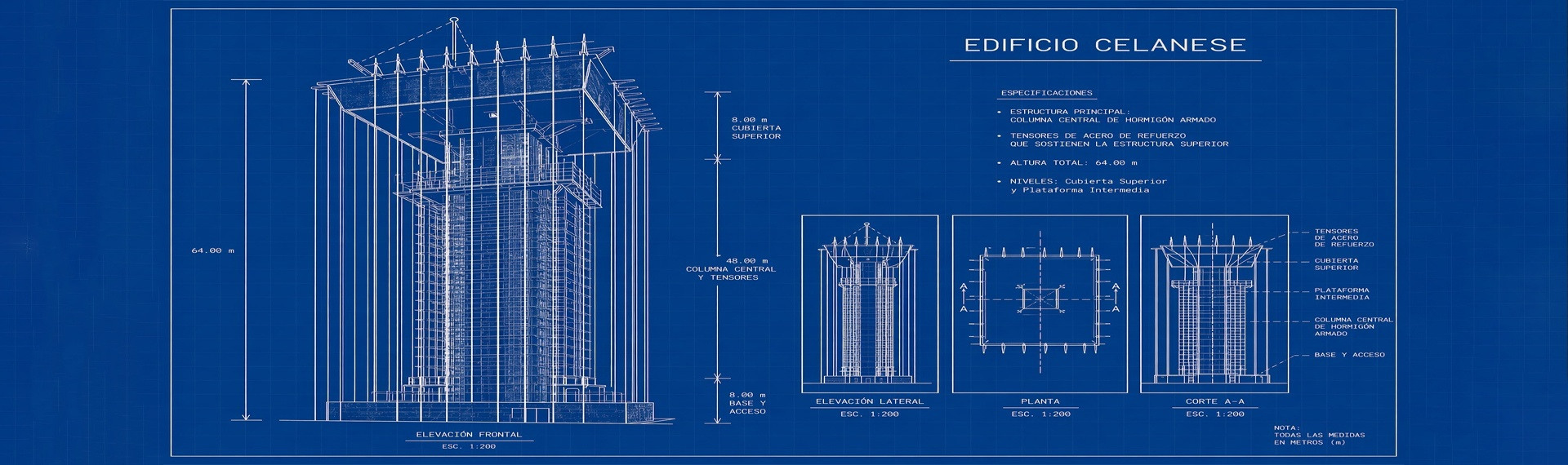 Fachada del Edificio Celanese mostrando estructura suspendida y núcleo central en arquitectura moderna mexicana