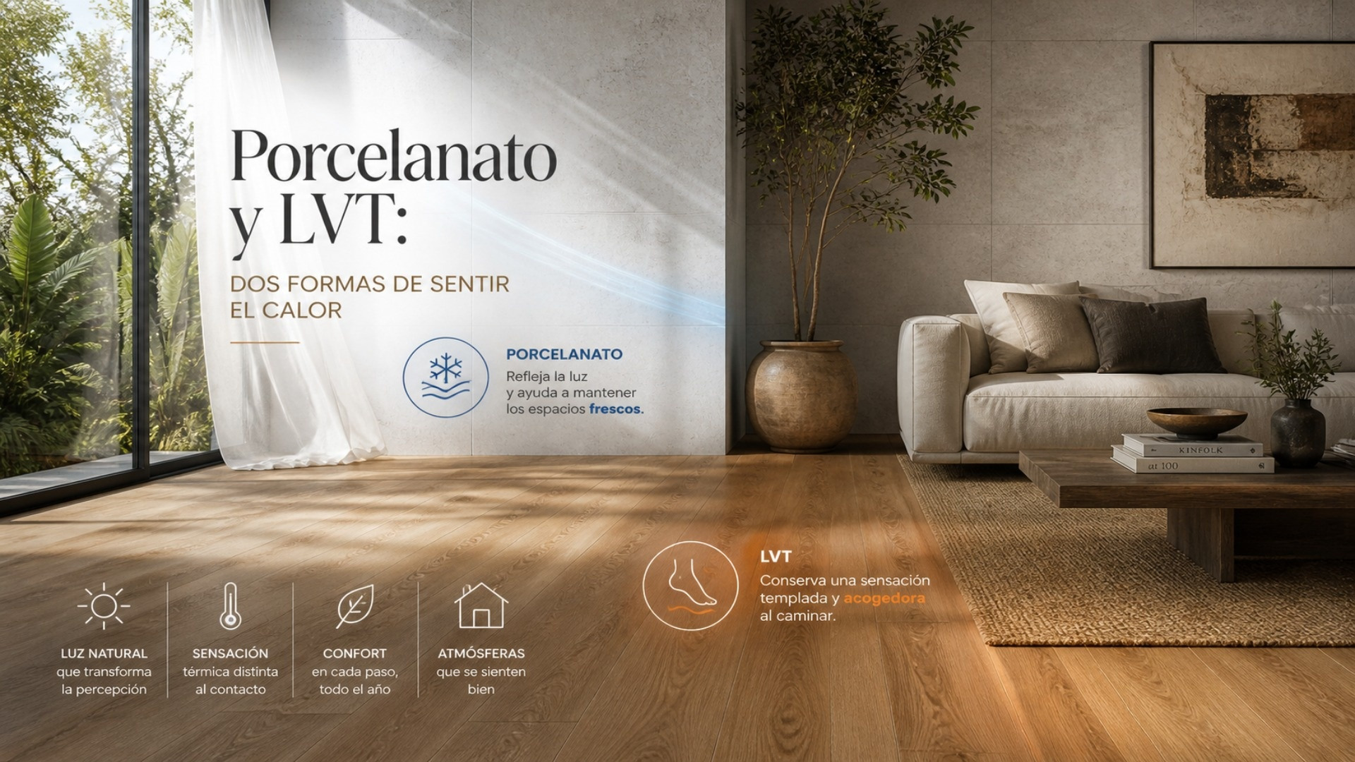 Sala con porcelanato fresco en las paredes y LVT templado en el piso