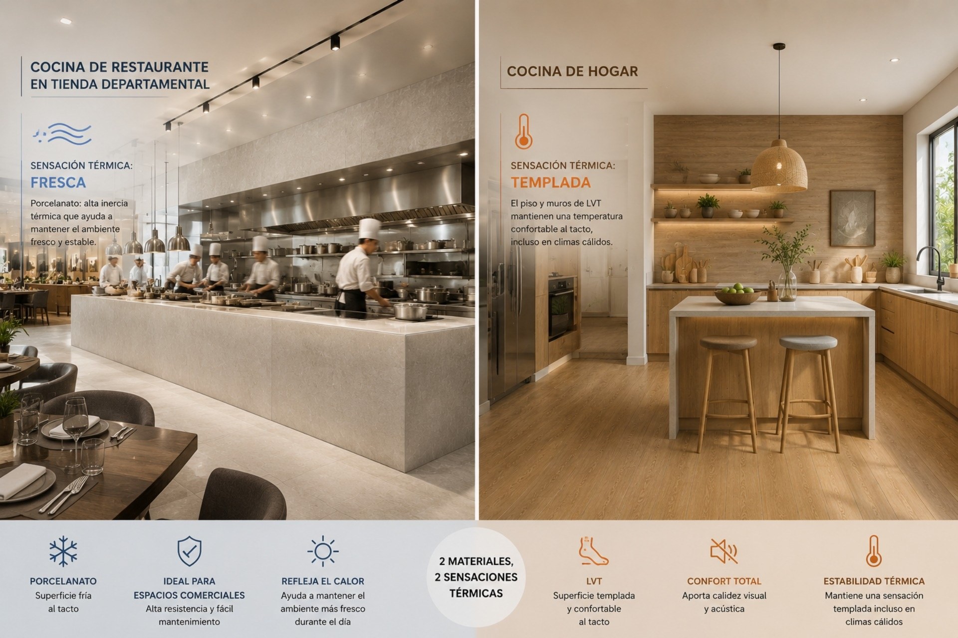 En cocinas el porcelanato mantiene una sensación térmica fría, mientras que el LVT conserva un ambiente templado