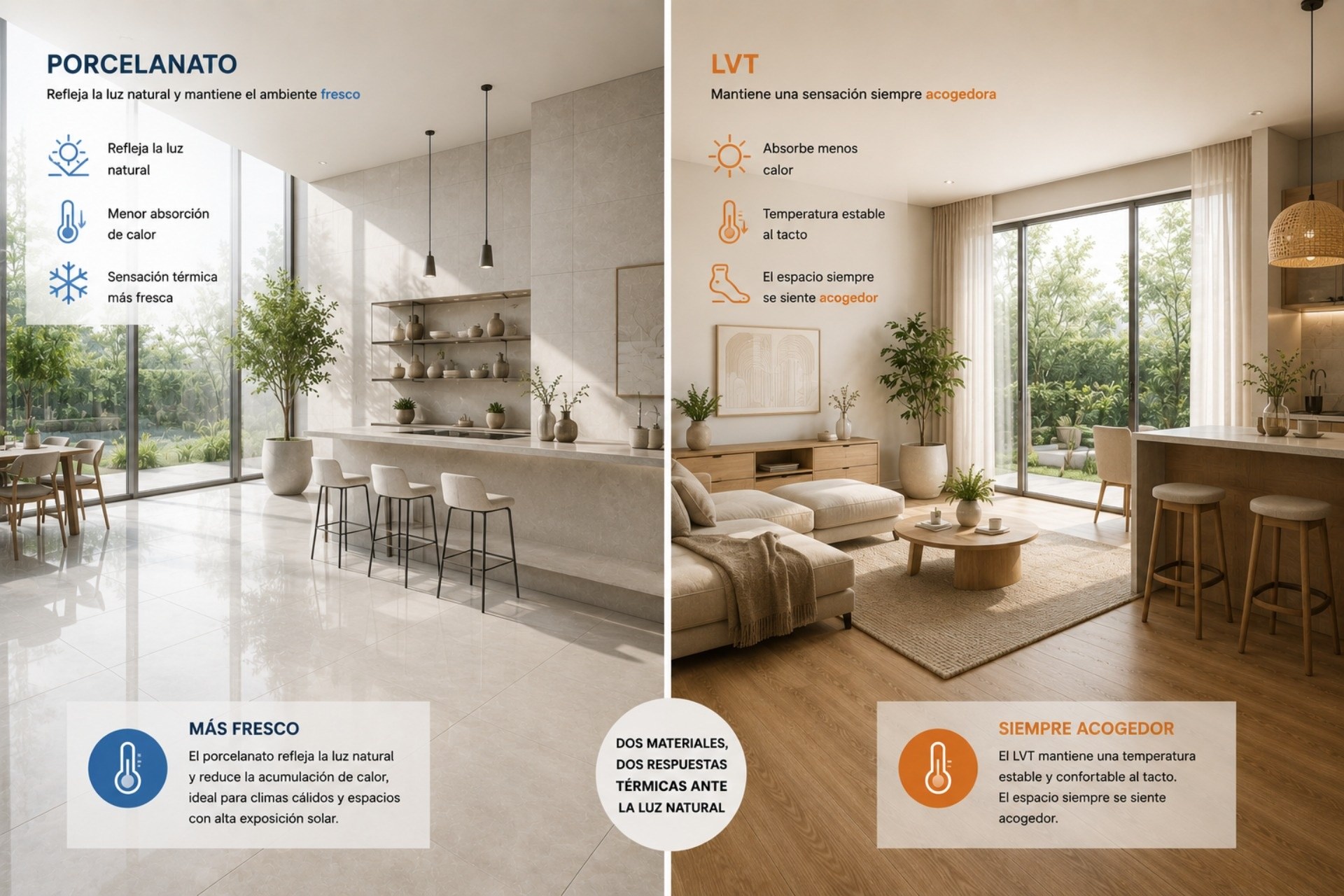 Frente a la entrada de luz natural, con porcelanato el ambiente se percibe visualmente fresco y con LVT más acogedor