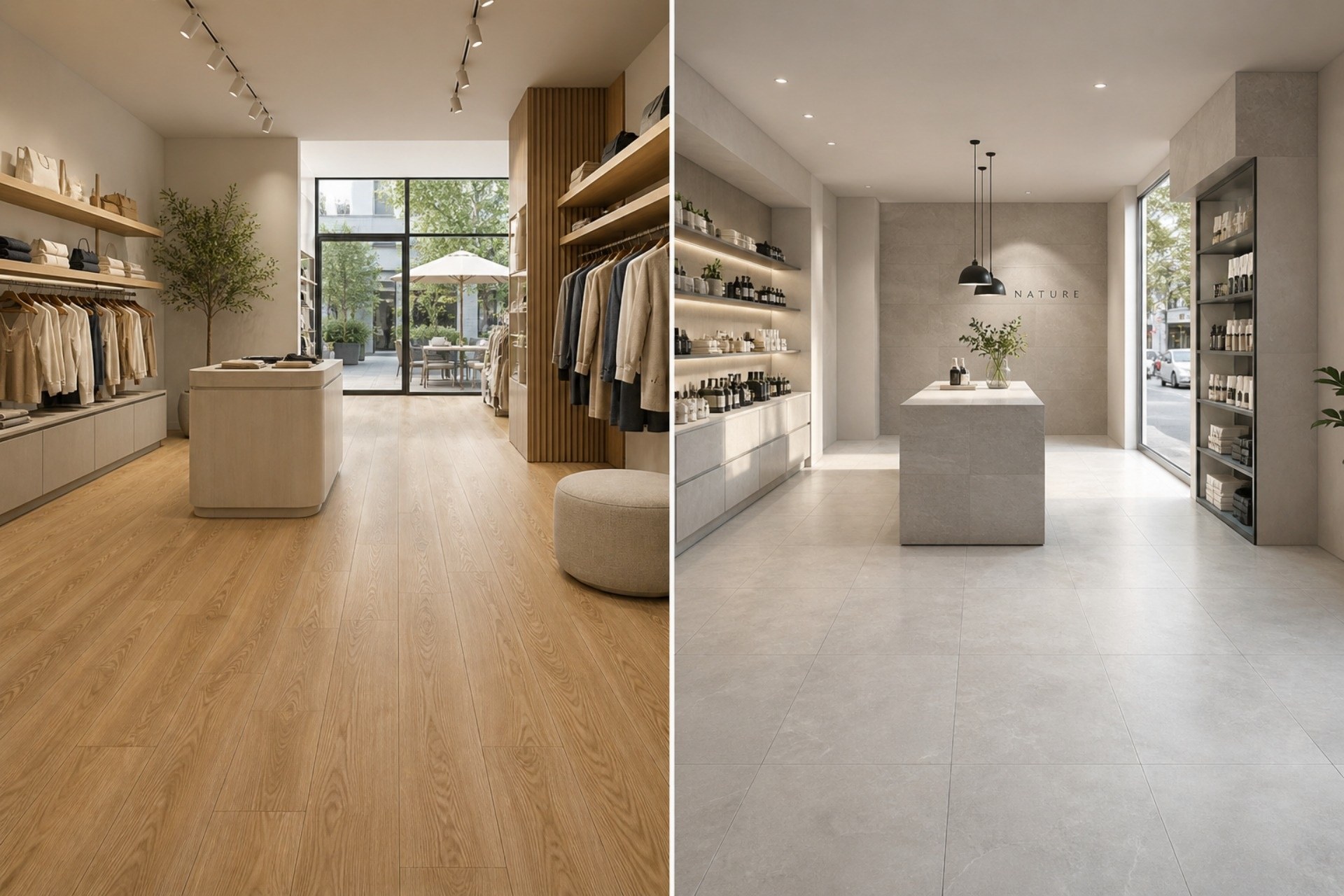 Contraste de sensación térmica visual entre LVT y porcelanato en espacio comercial