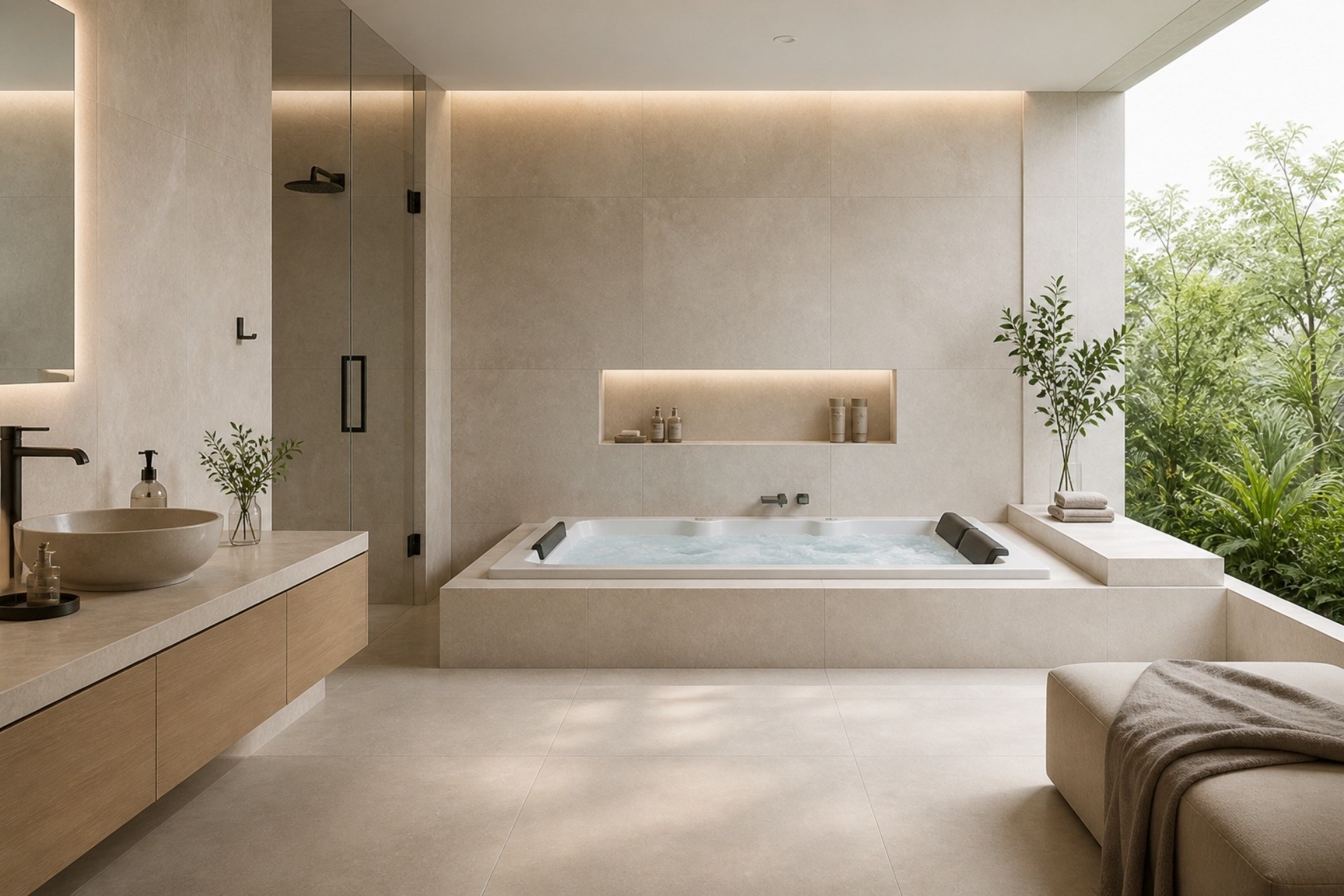 Porcelanato beige instalado en un baño con spa y jacuzzi