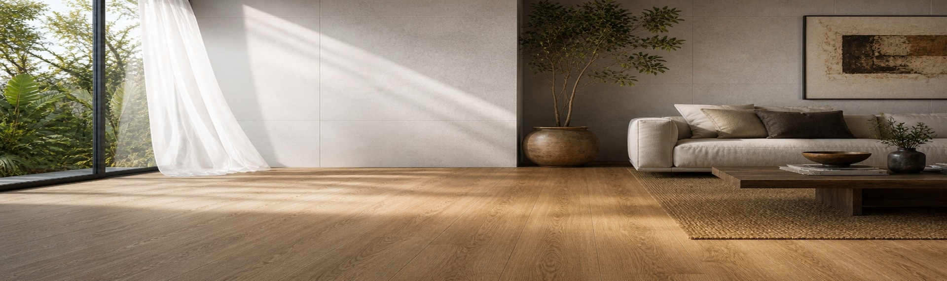 Sala con porcelanato fresco en las paredes y LVT templado en el piso