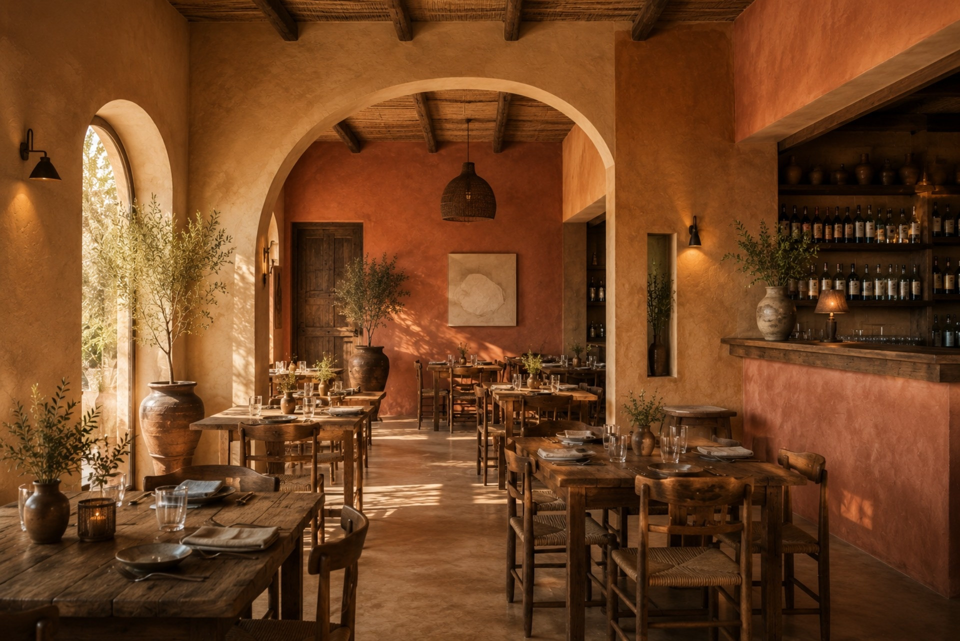 Tono golden hour en las paredes de un restaurante con estilo rústico