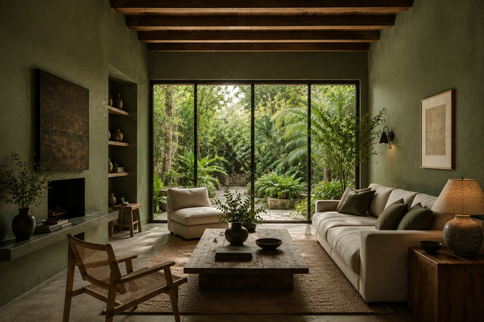 Sala con paredes pintadas con la paleta de tonos biofílicos