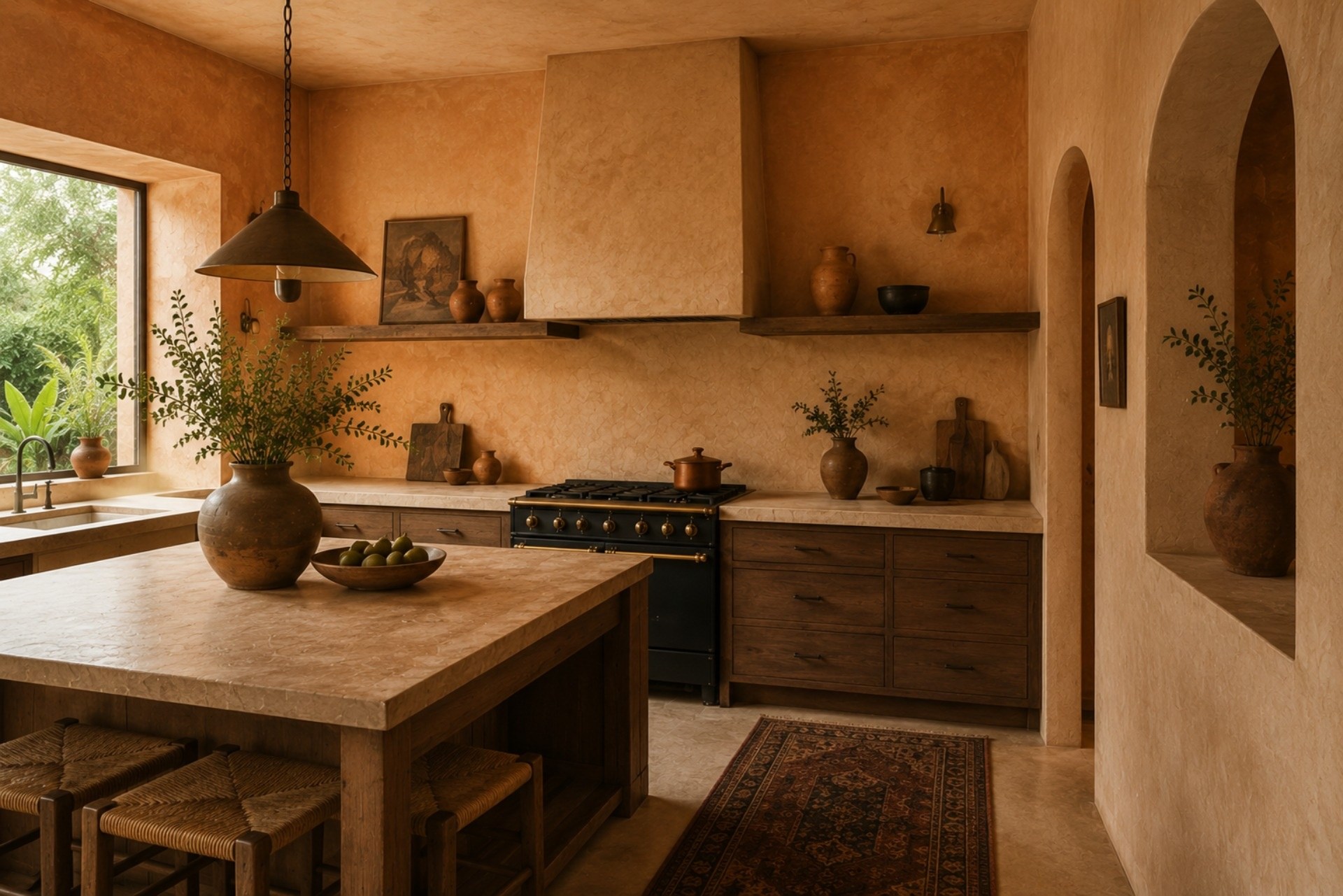 Paredes pintadas con técnica de estuco a la cal de una cocina minimalista cálida