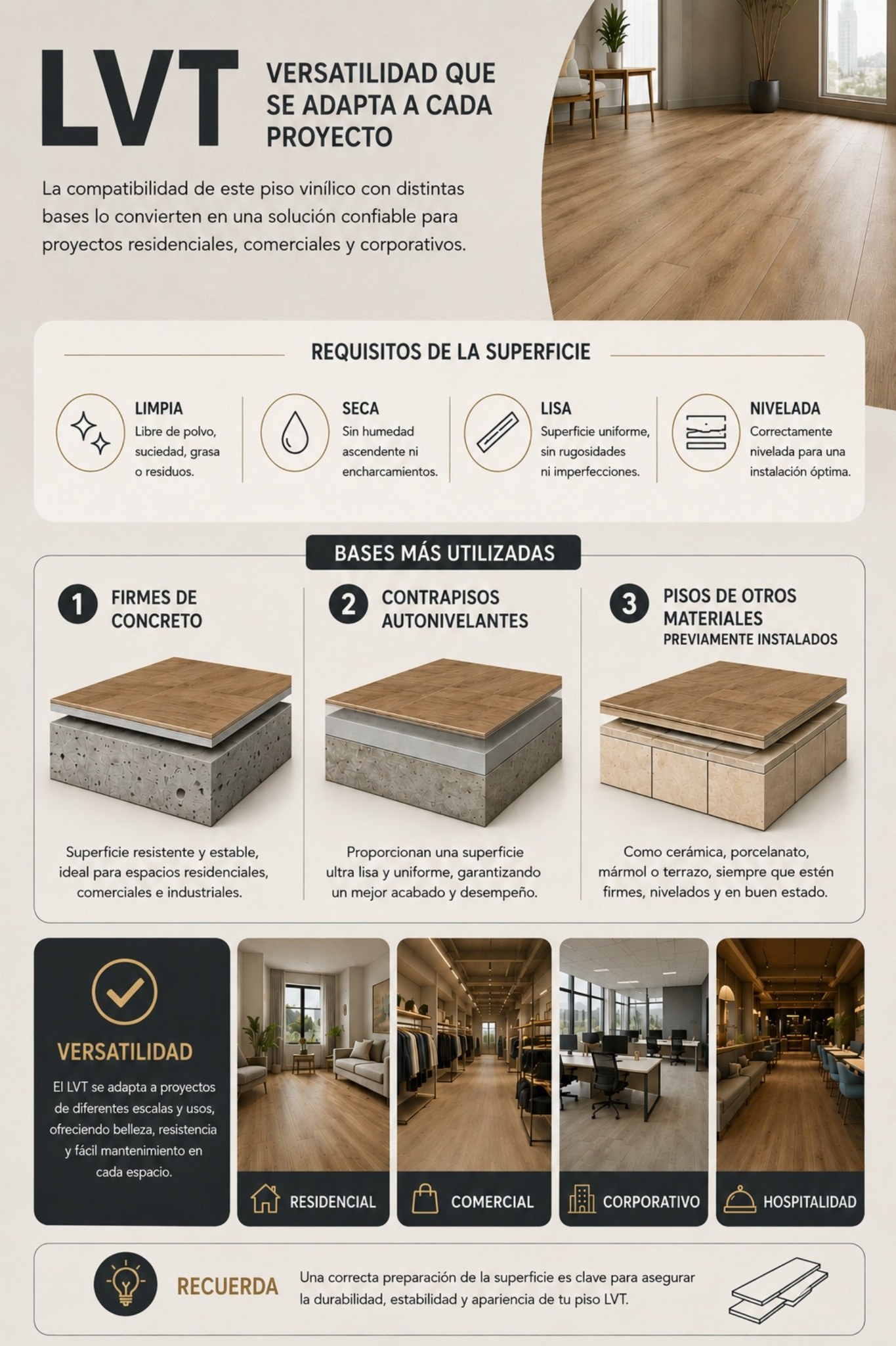 El LVT 3 mm es un piso vinílico de lujo que se puede instalar en distintas superficies