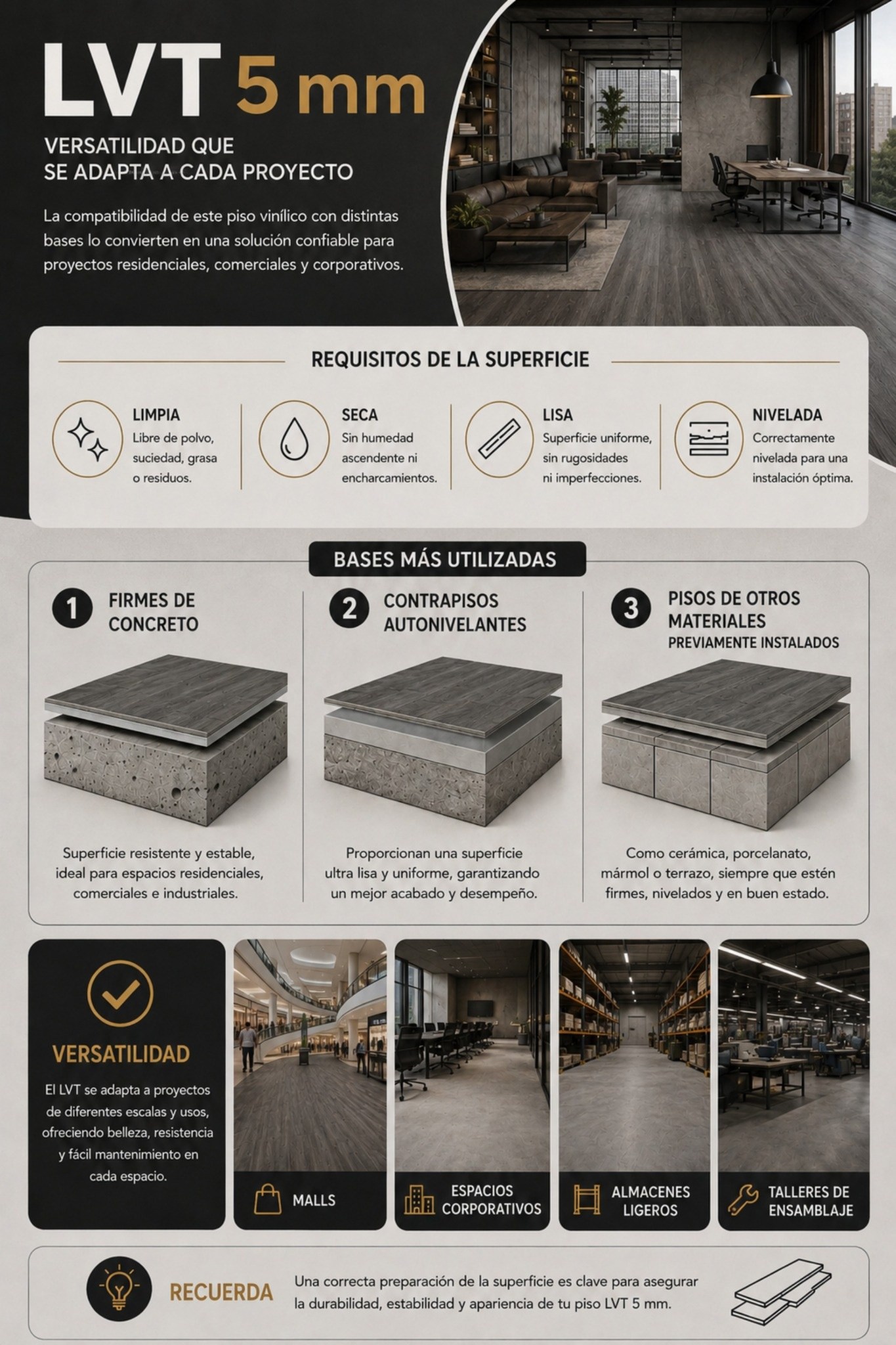 El LVT 5 mm es un piso vinílico pensado para superficies corporativas y comerciales