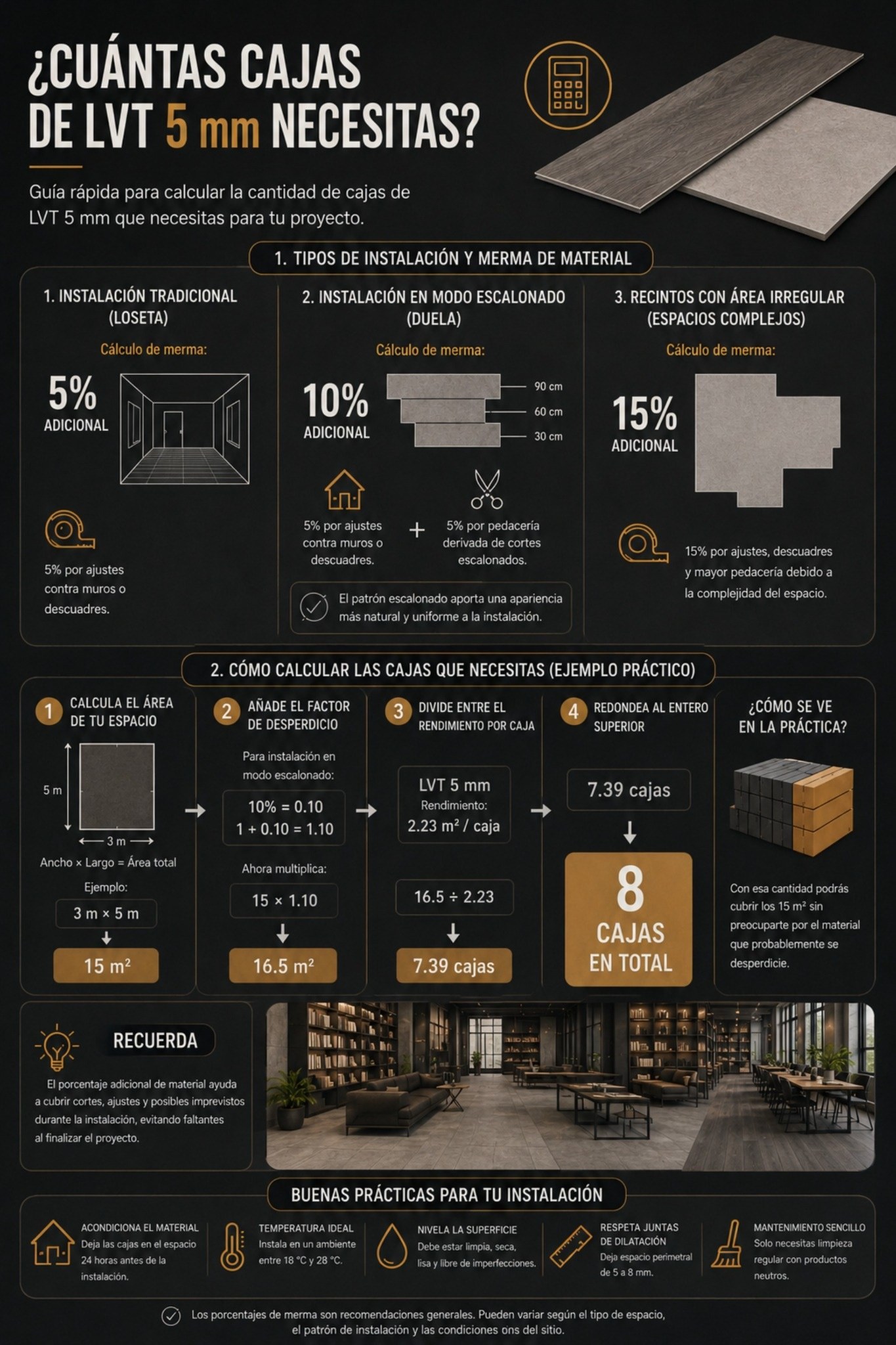 Calcula la cantidad de cajas de LVT 5 mm que necesitas para tu espacio