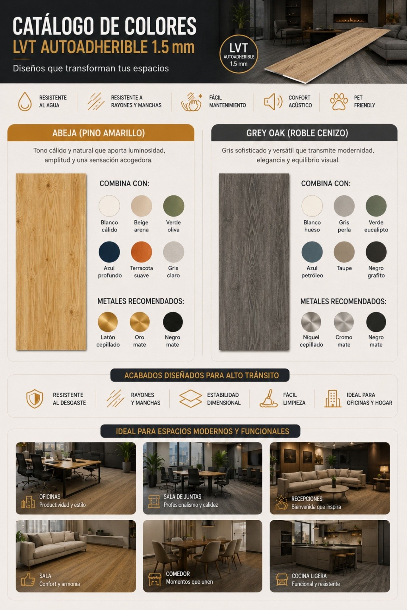 Explora nuestro catálogo de colores disponibles para LVT Autoadherible