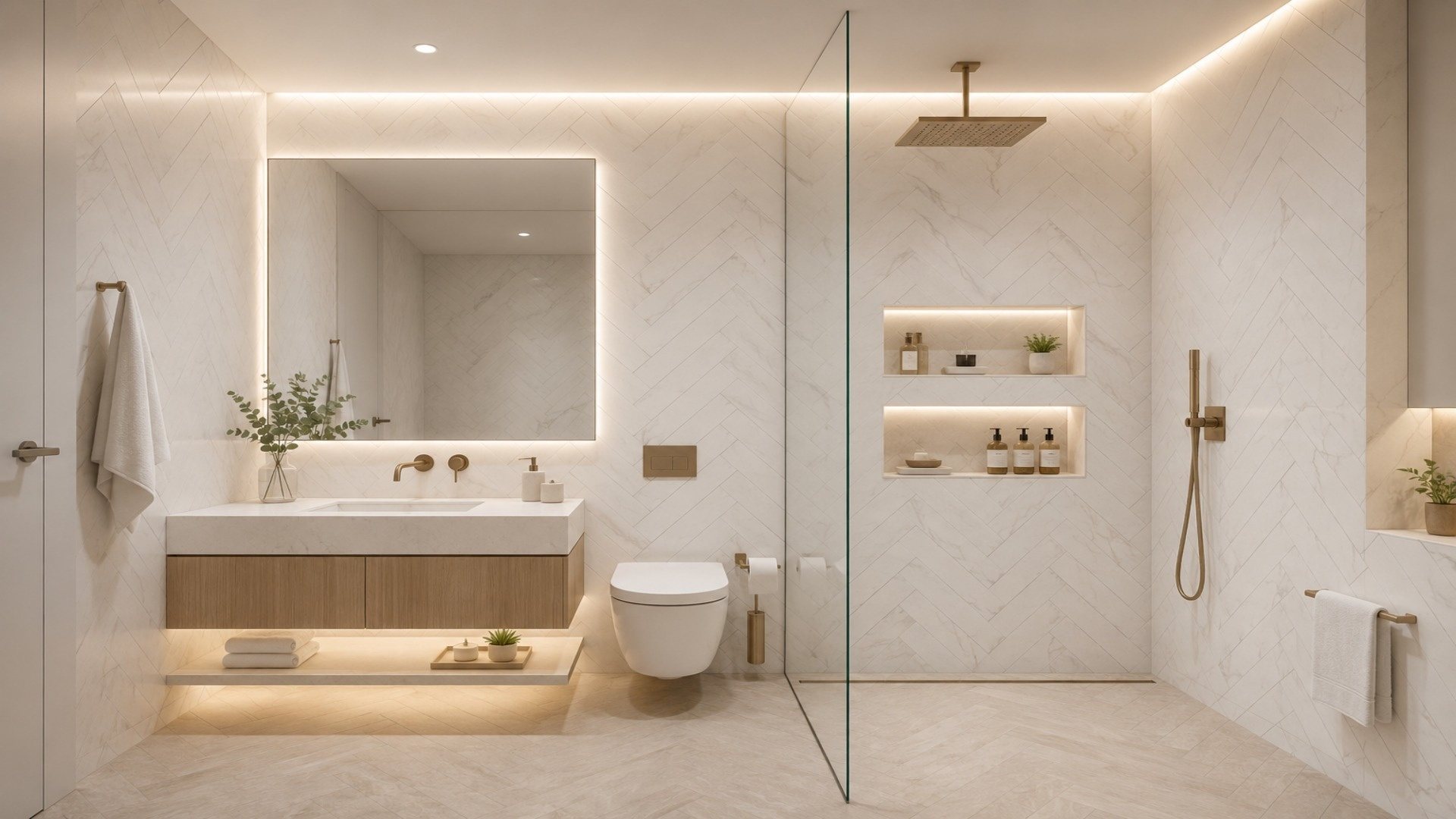 Baño pequeño con paredes de porcelanato brillante Brescia en herringbone