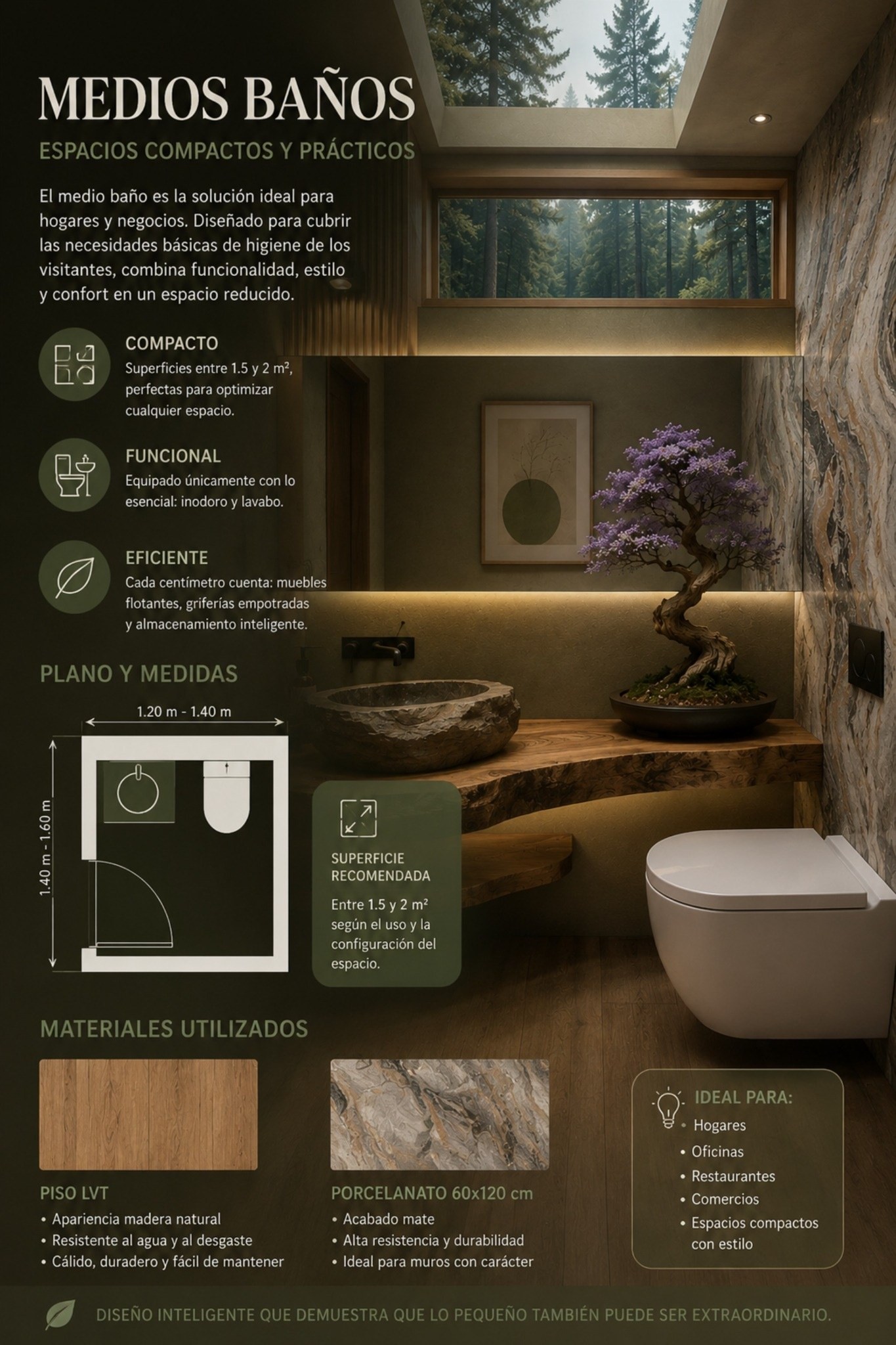 El porcelanato mate 60x120 cm ayuda a brindar continuidad en medios baños modernos