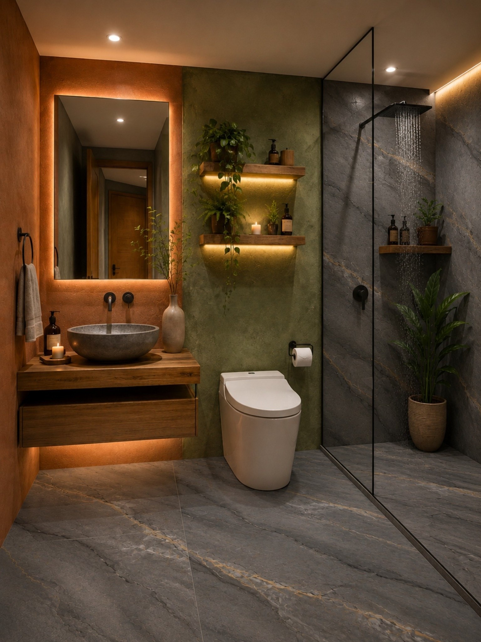 El porcelanato mate absorbe la luz y difumina las sombras en baños pequeños