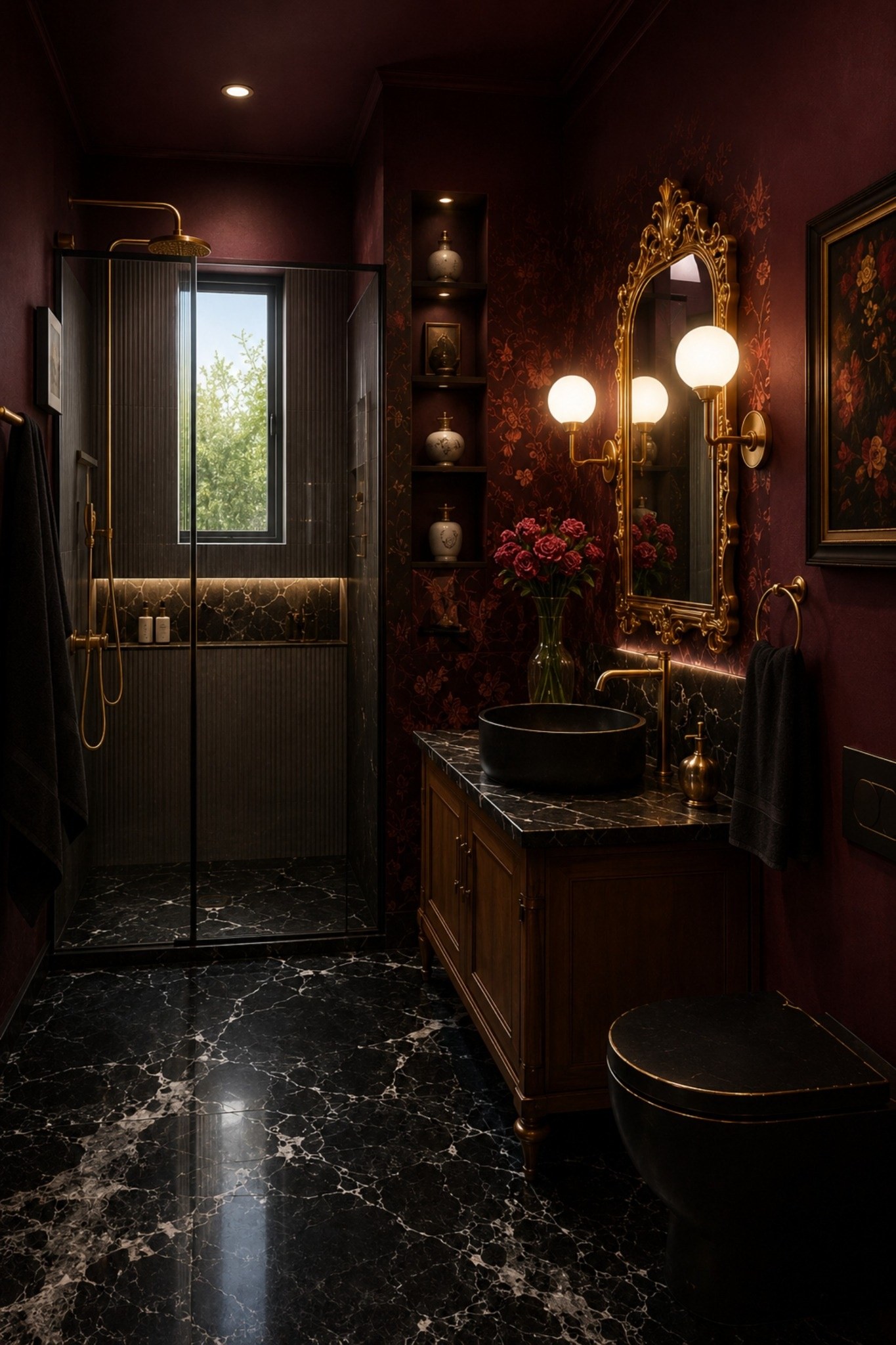 La distribución de luces ayuda a desvanecer las sombras en baños pequeños maximalistas