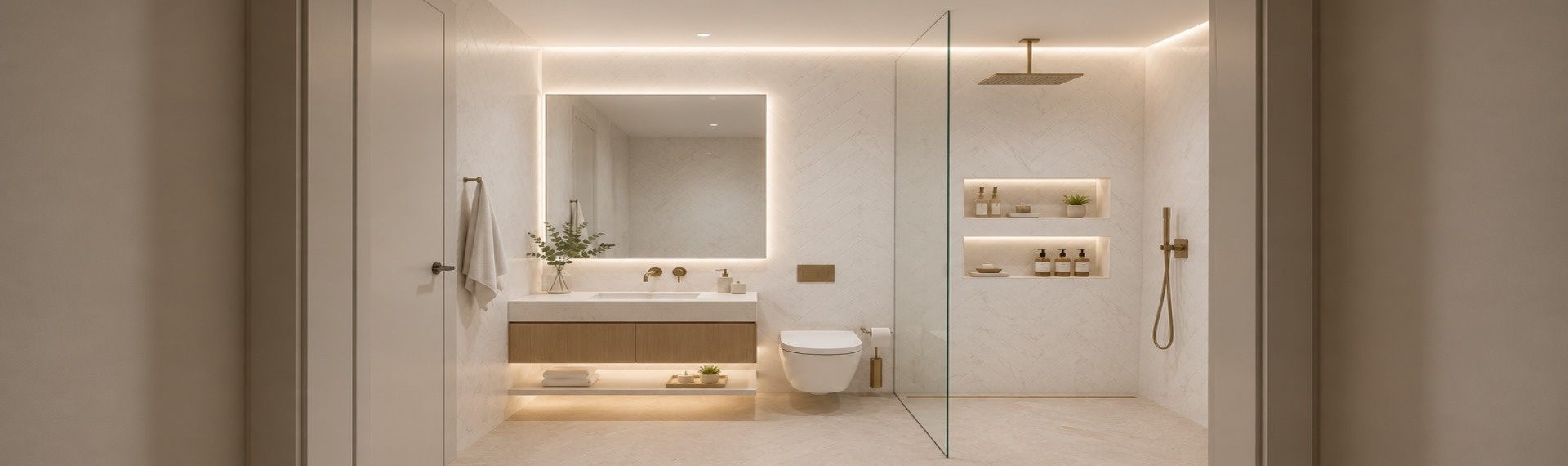 Baño pequeño con paredes de porcelanato brillante Brescia en herringbone
