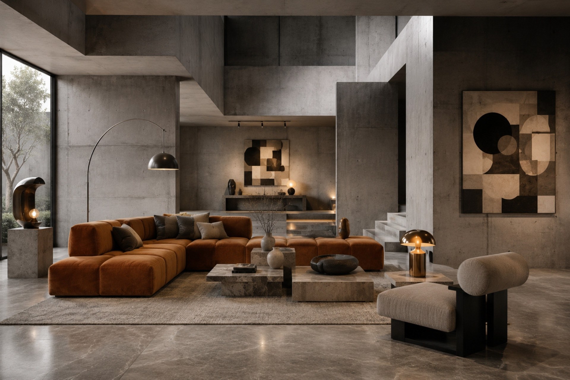Las lámparas escultóricas funcionan como piezas decorativas dentro de una sala contemporánea