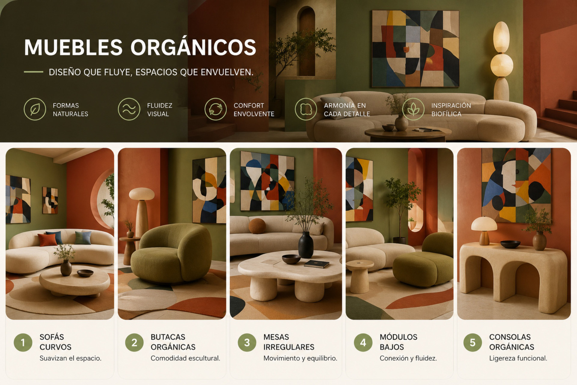 La silueta curvada de los muebles crea un entorno armónico, libre y ligero