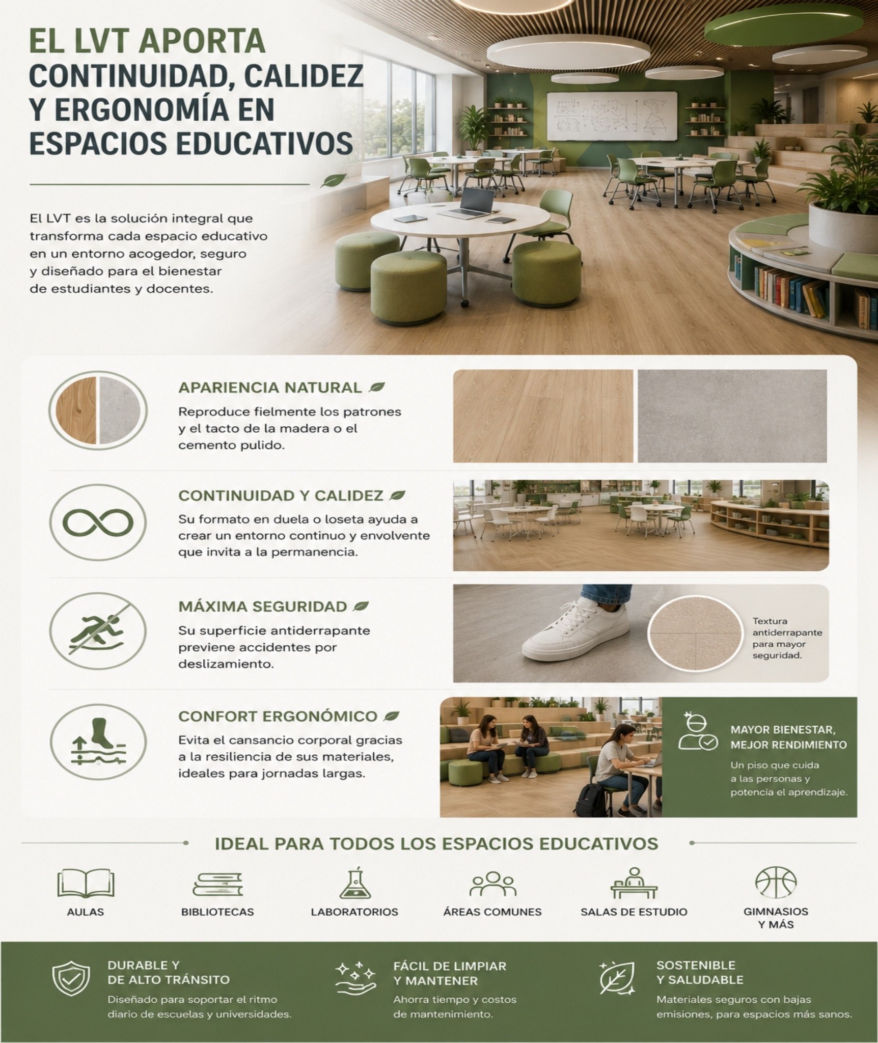 El piso vinílico LVT es un piso resiliente que previene la fatiga corporal en espacios educativos