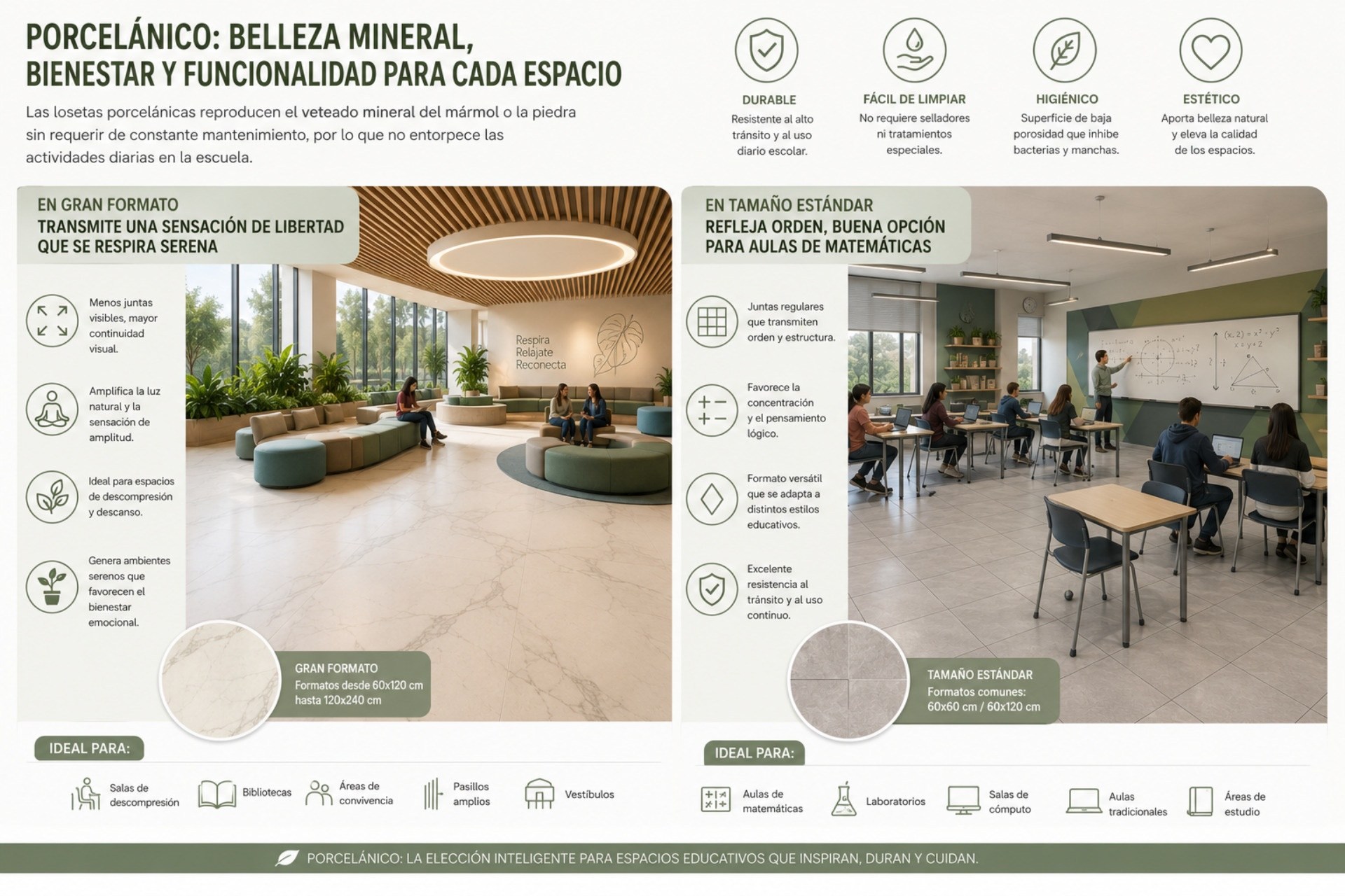 El porcelanato no solo agrega elegancia a espacios educativos, sino serenidad y orden