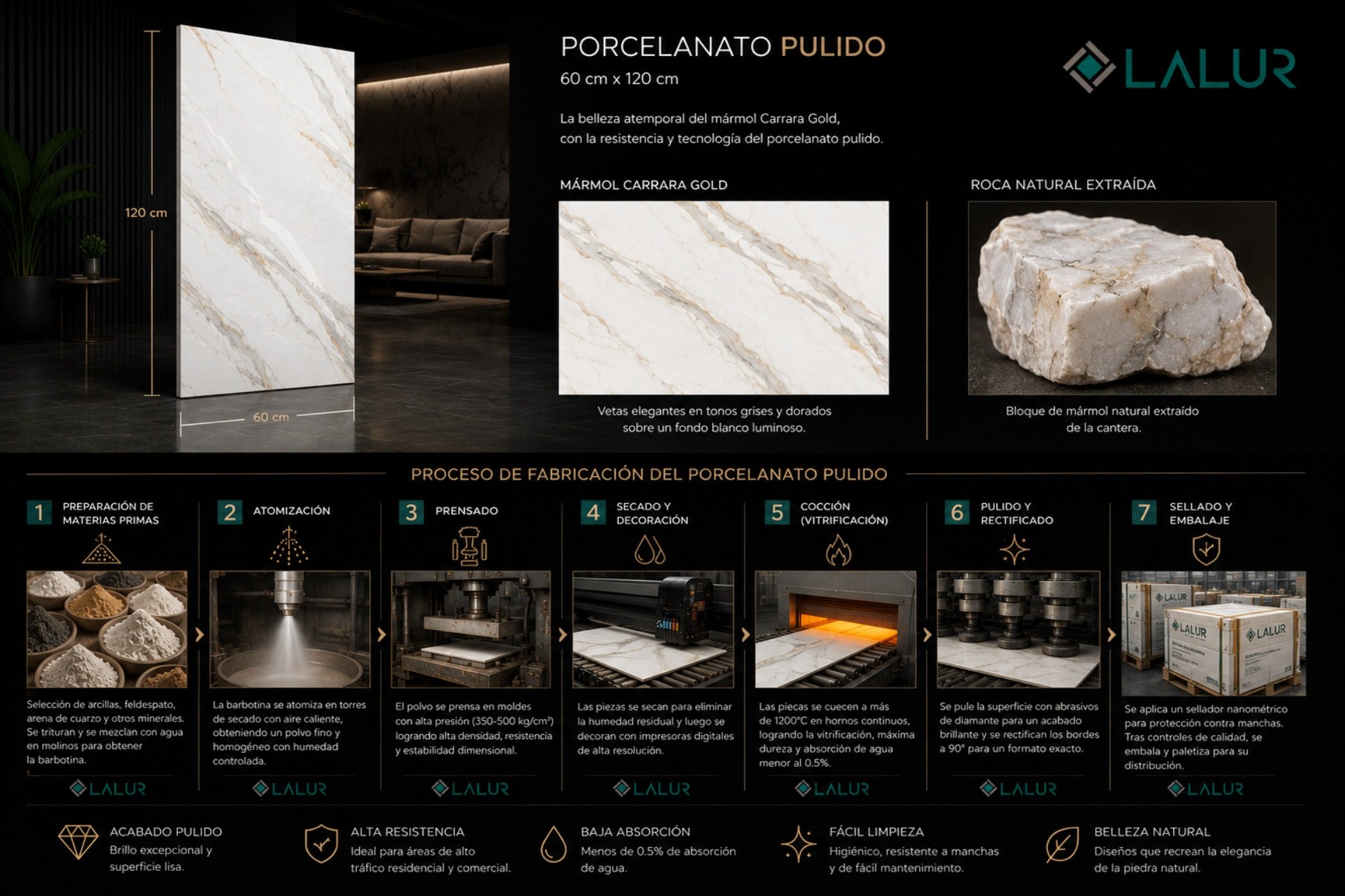 El catálogo LALUR de porcelanato pulido cuenta con más de 30 modelos disponibles.