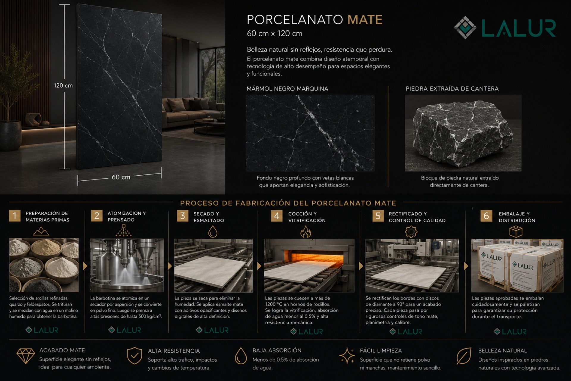 El catálogo LALUR de porcelanato mate cuenta con más de 30 modelos disponibles.
