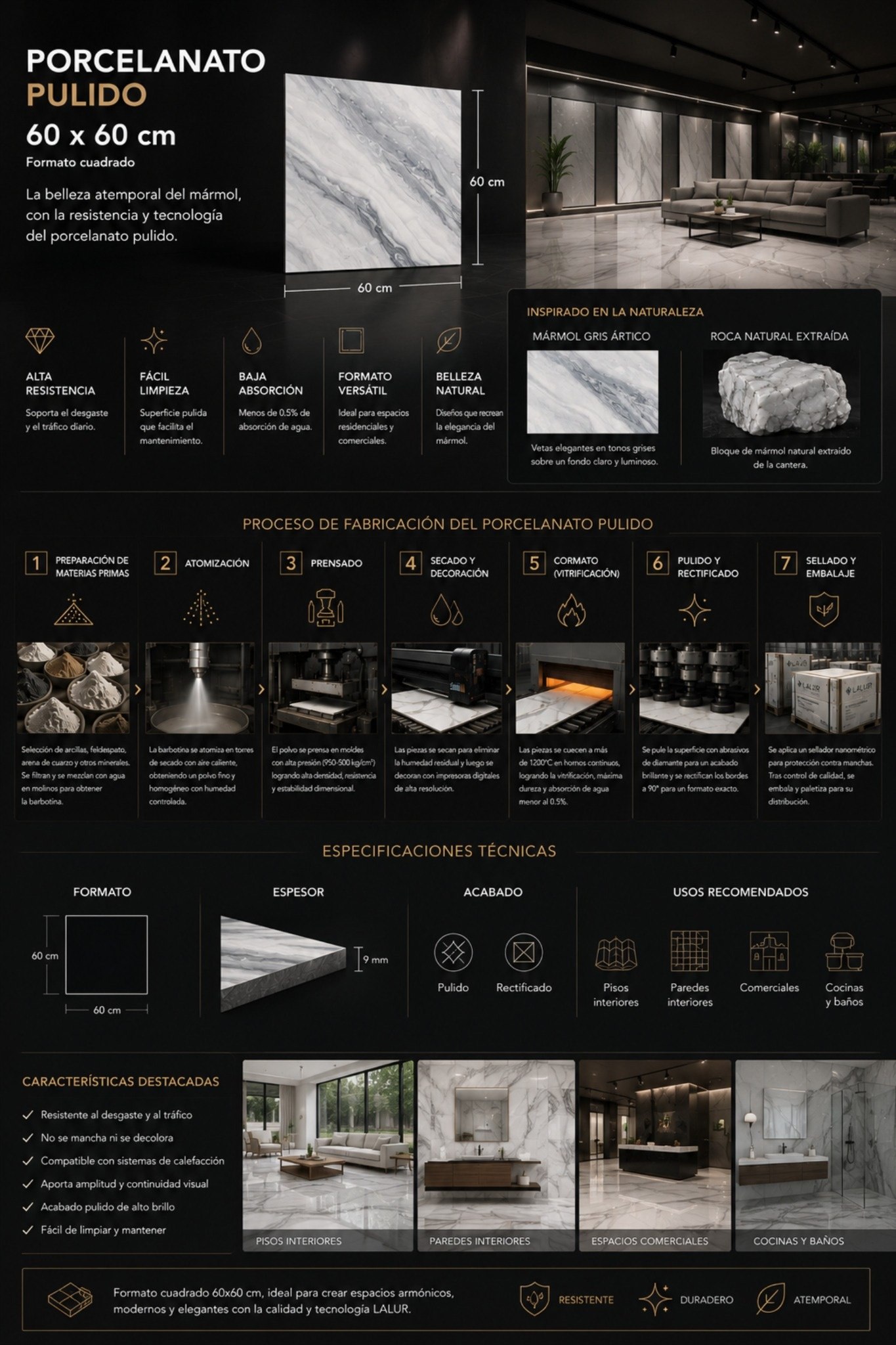 ¡Explora los modelos de porcelanato brillante formato 60×60 y elige el adecuado para tu desarrollo!