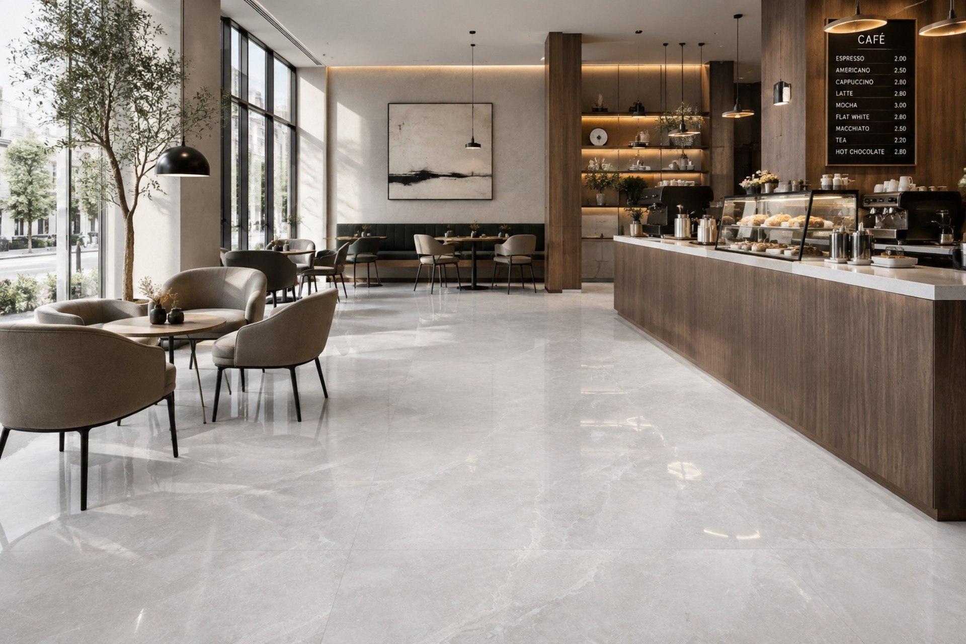 El gris perla que caracteriza al porcelanato Alesia lo hace ideal para estilos High-End Modern