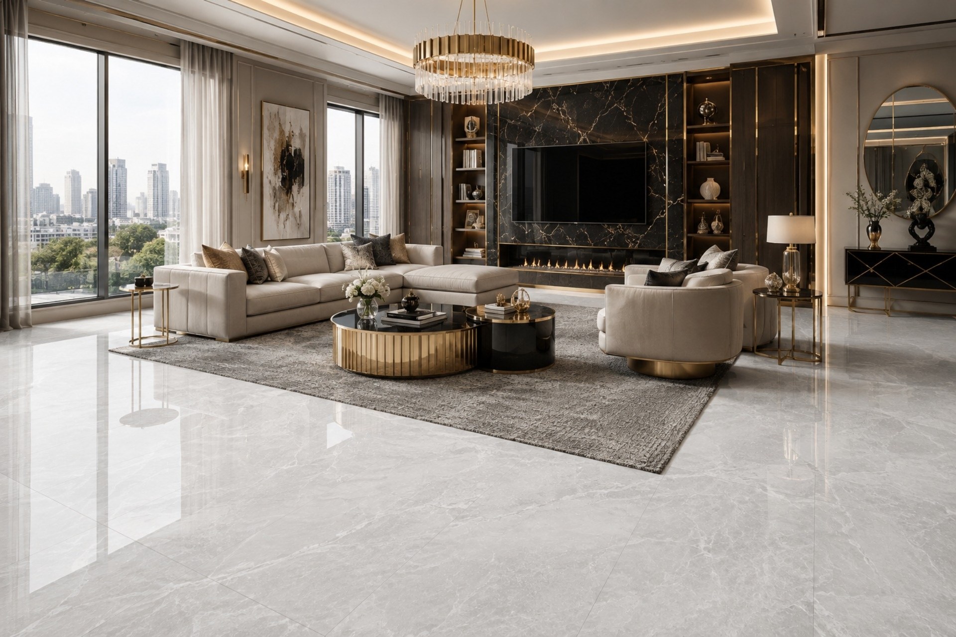El fondo gris claro del porcelanato brillante Alesia hace perfecto contraste con los negros y dorados del Luxury Glam Moderno