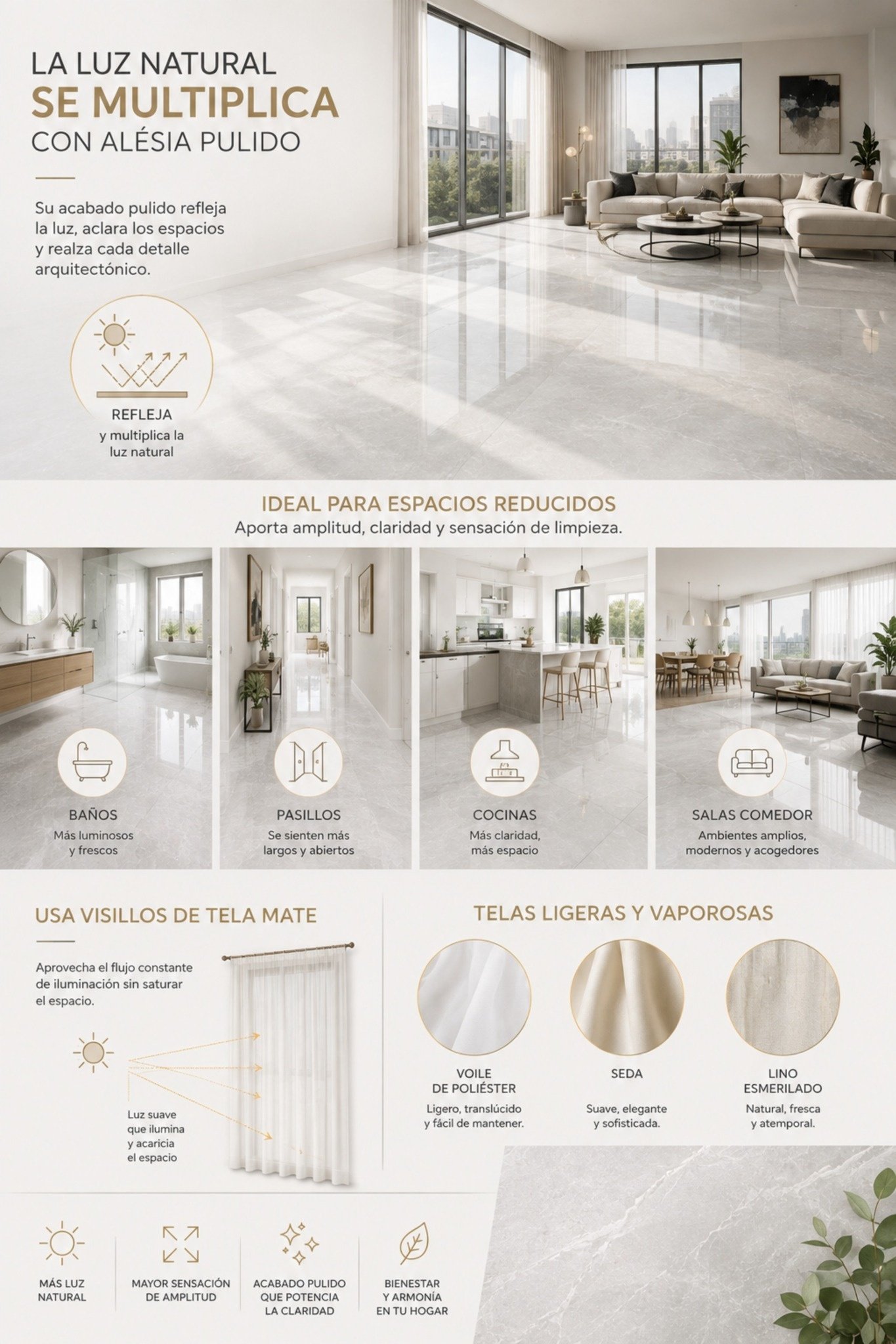 El porcelanato pulido gris perla Alesia multiplica la luz natural