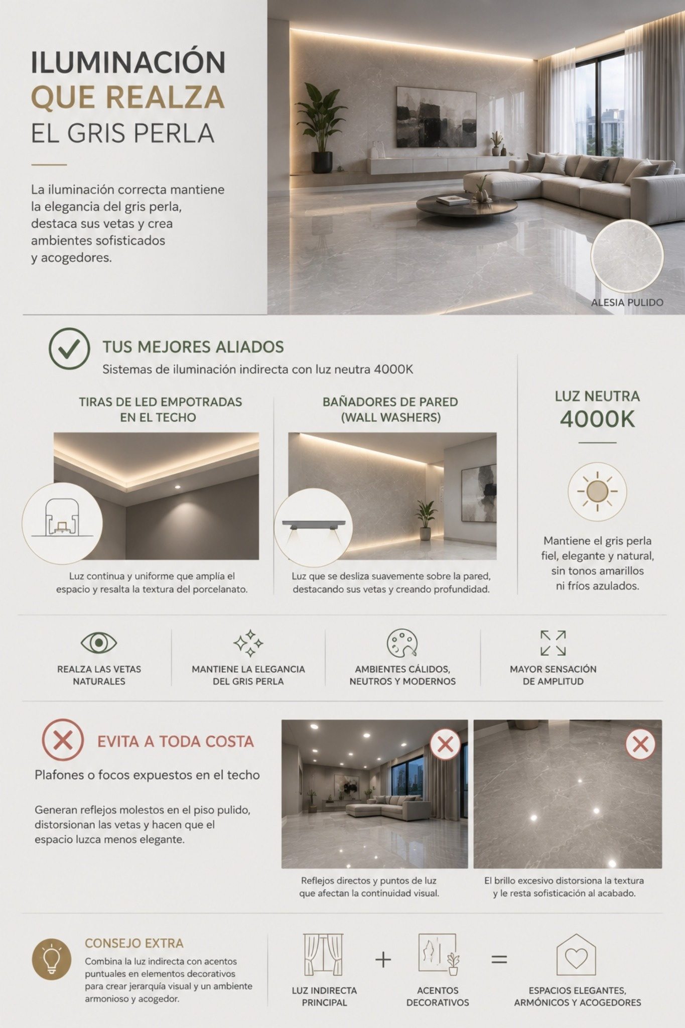 Encuentra aquí consejos clave para que el sistema de luz de tu hogar no cree puntos blancos en tu porcelanato gris pulido Alesia