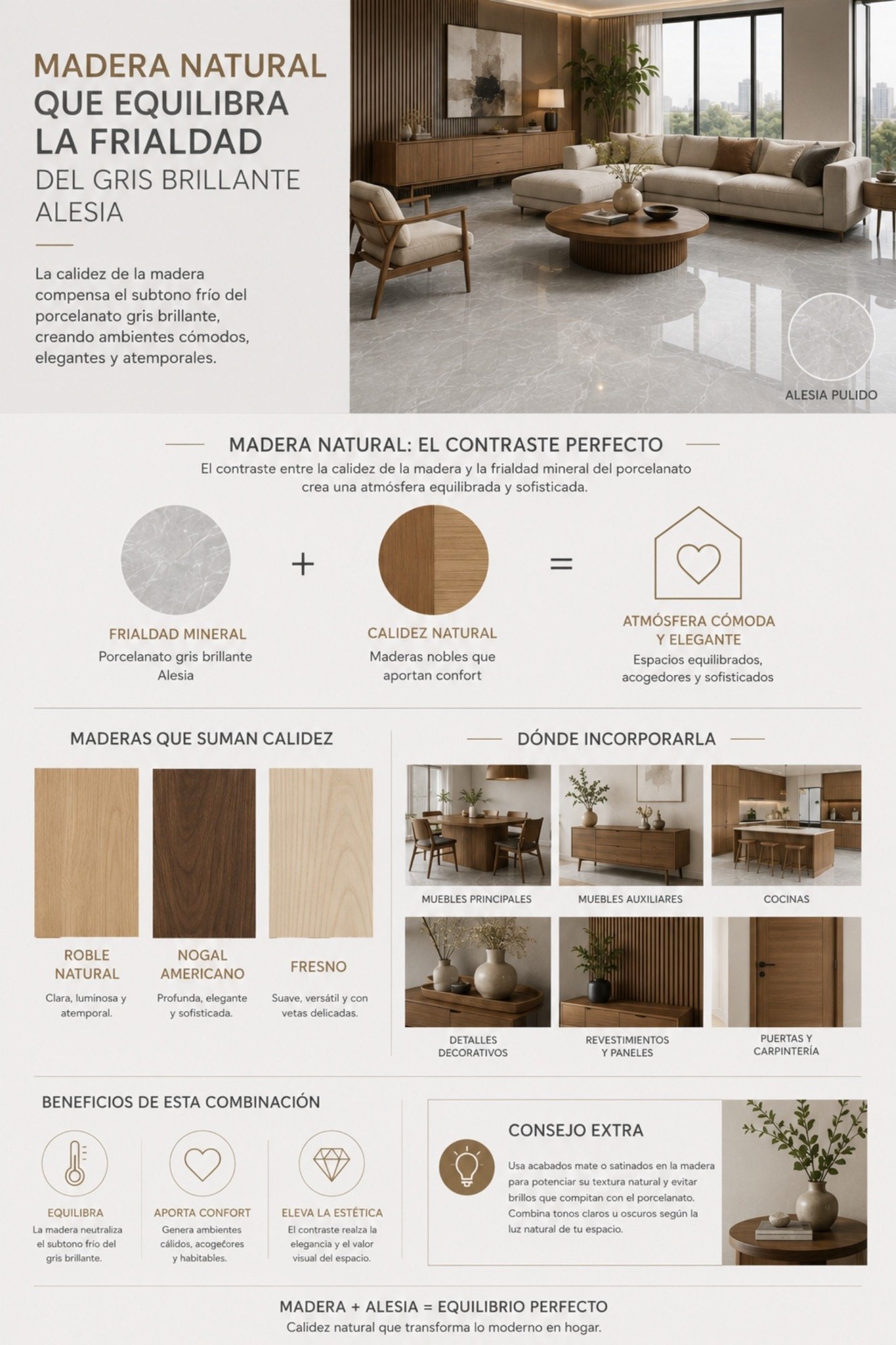 Descubre qué maderas usar para un porcelanato brillante gris perla Alesia