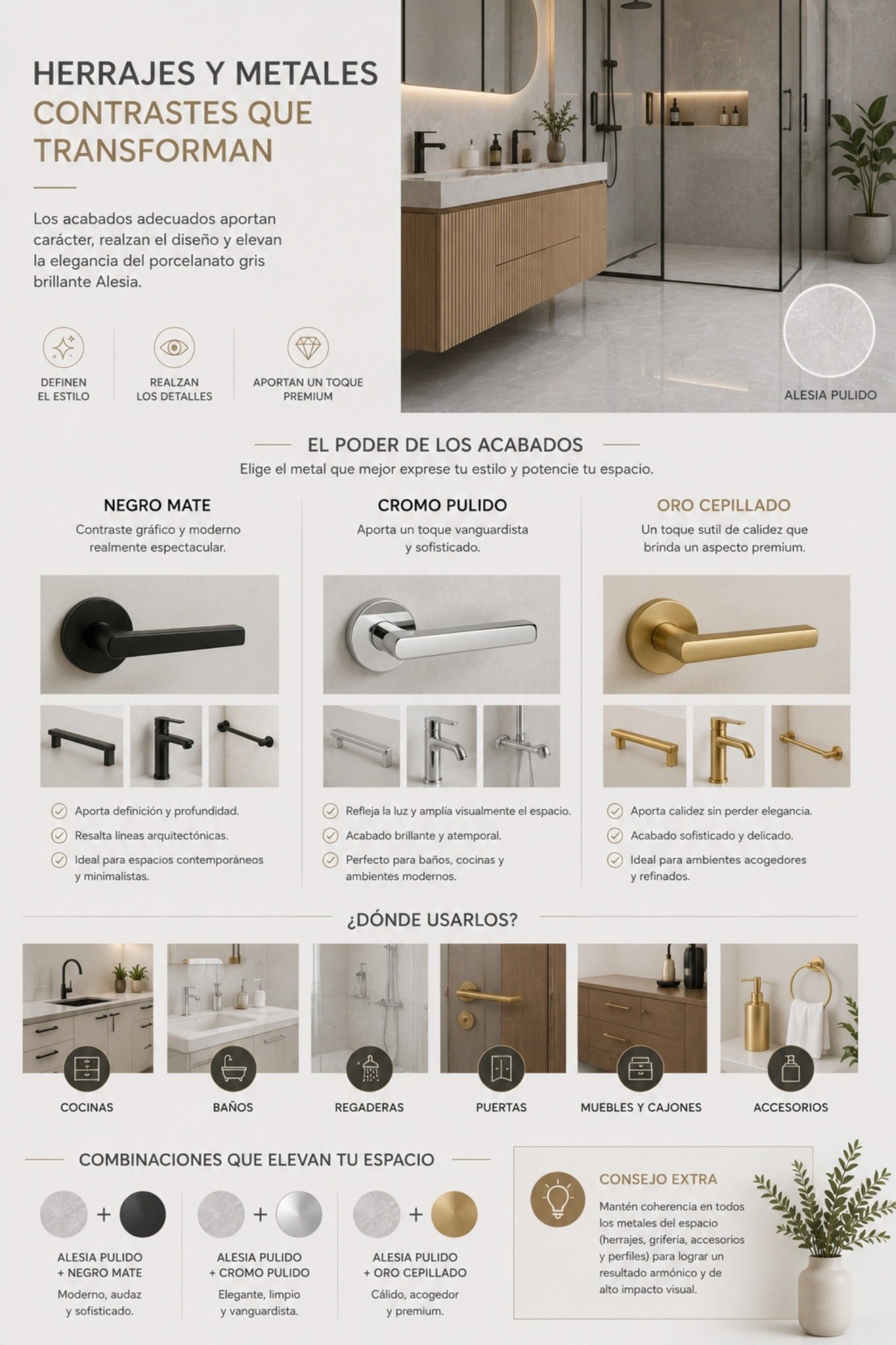 Estos son los herrajes y metales que mejor le quedan a tu porcelanato pulido gris perla Alesia
